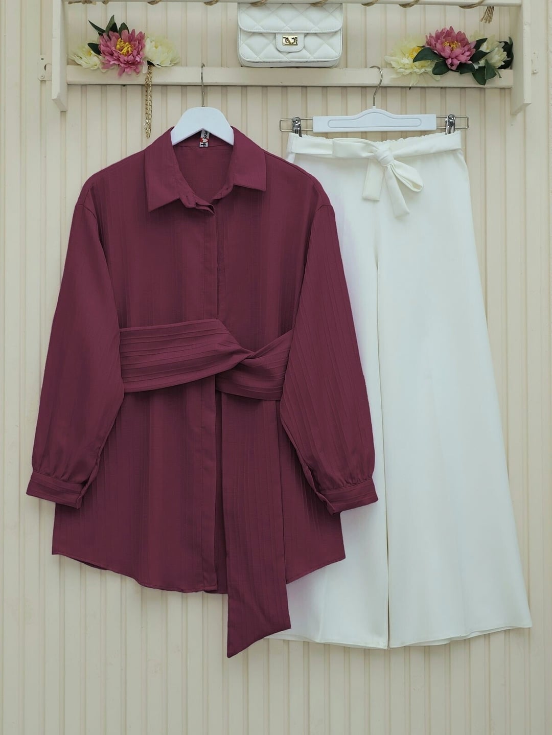 Burgundy Tie-Belt Crinkle Tunic with Ribbed Texture - Podyumplus - by Peralane - photo 9