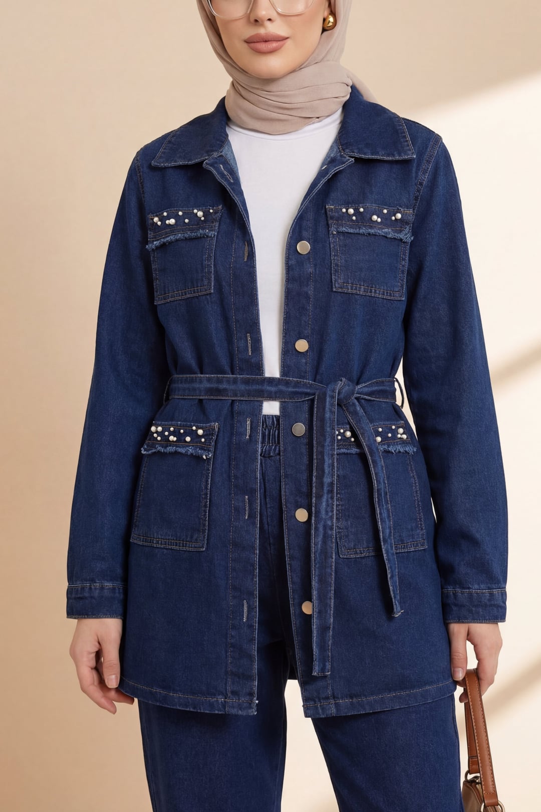 Stone Detail Denim Jacket and Trousers Co-ord Set - Navy - Podyumplus - by Peralane - photo 4