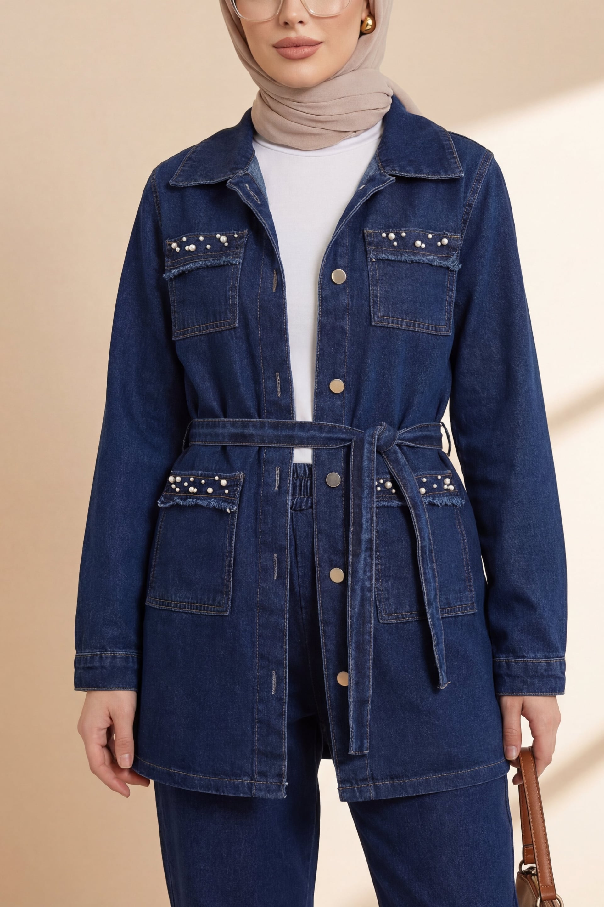 Stone Detail Denim Jacket and Trousers Co-ord Set - Navy - Podyumplus - by Peralane - photo 4