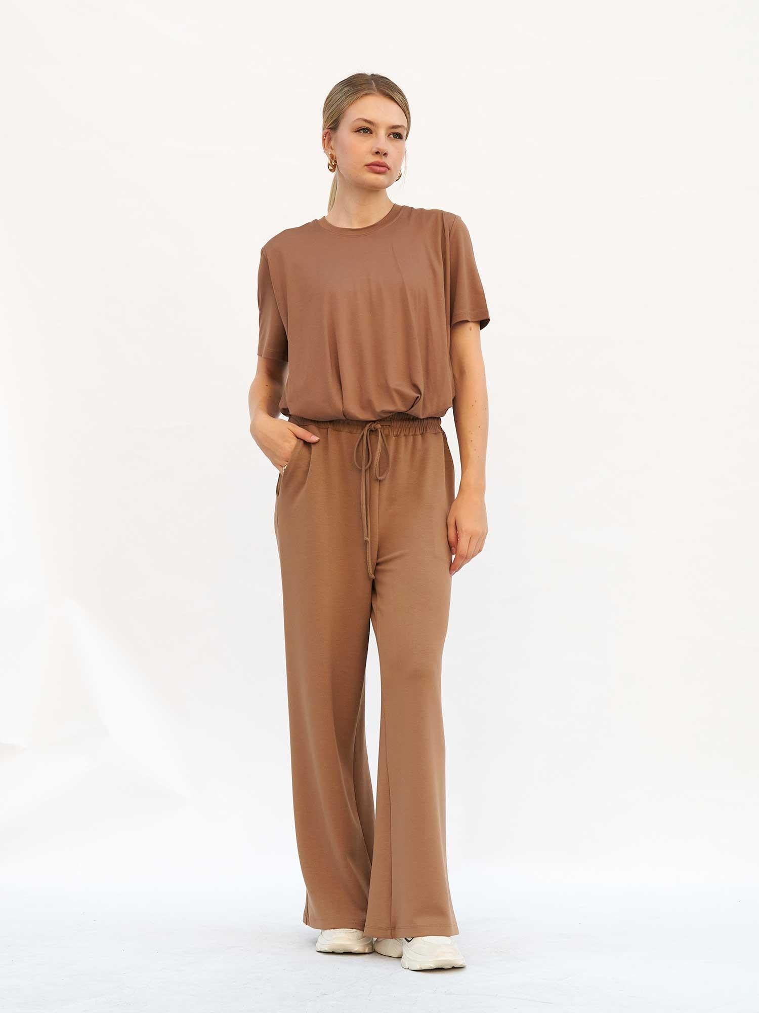 Drawstring Waist Wide-Leg Loungewear Trousers - Taupe Brown - Lefon - by Peralane - photo 2