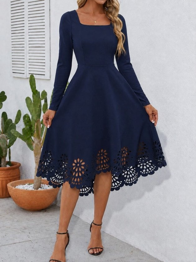 Navy Blue Long-Sleeved Square Neck Midi Dress with Laser-Cut Floral Hem - Janes - by Peralane
