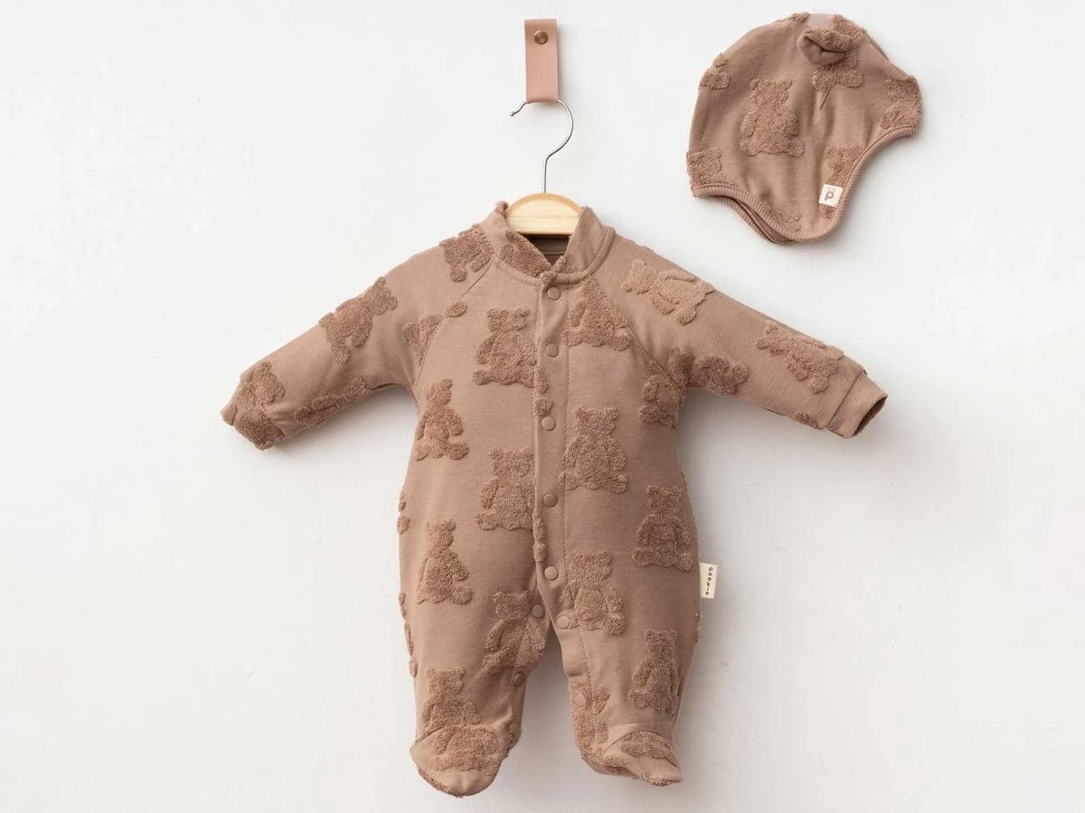 Teddy Bear Embroidered Baby Romper and Hat Set - Brown - Pookie - by Peralane