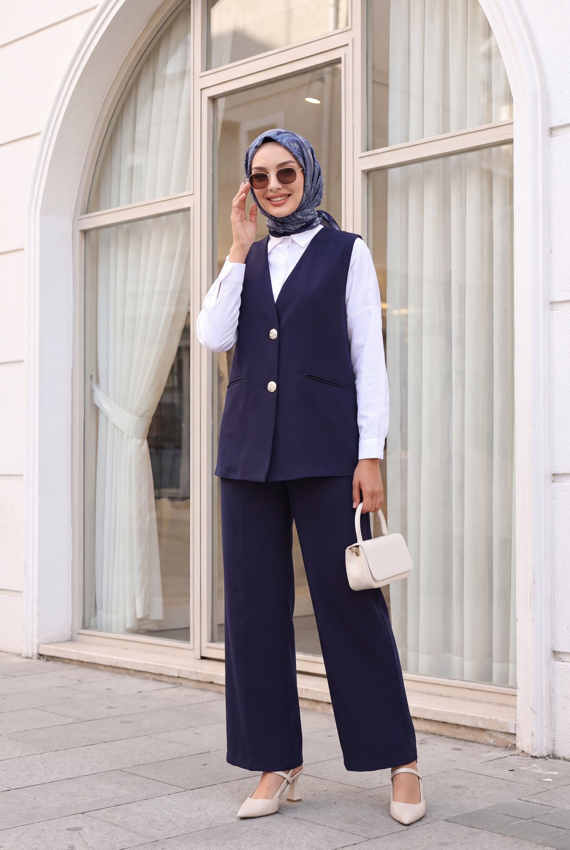 Women's Navy Blue Vest and Wide-Leg Trousers Two-Piece Set 30086 - Bigdart - by Peralane - photo 2