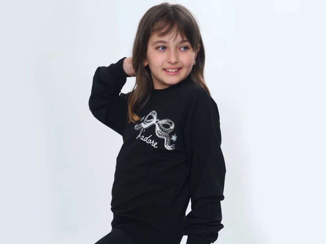 Girls' Sequined Bow Print Sweatshirt - Black - Vizviz - by Peralane