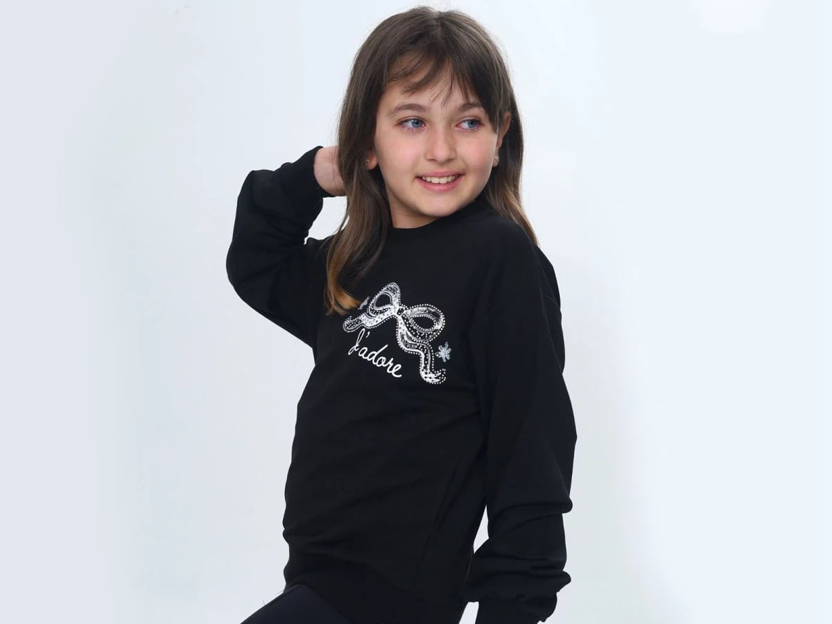 Girls' Sequined Bow Print Sweatshirt - Black - Vizviz - by Peralane