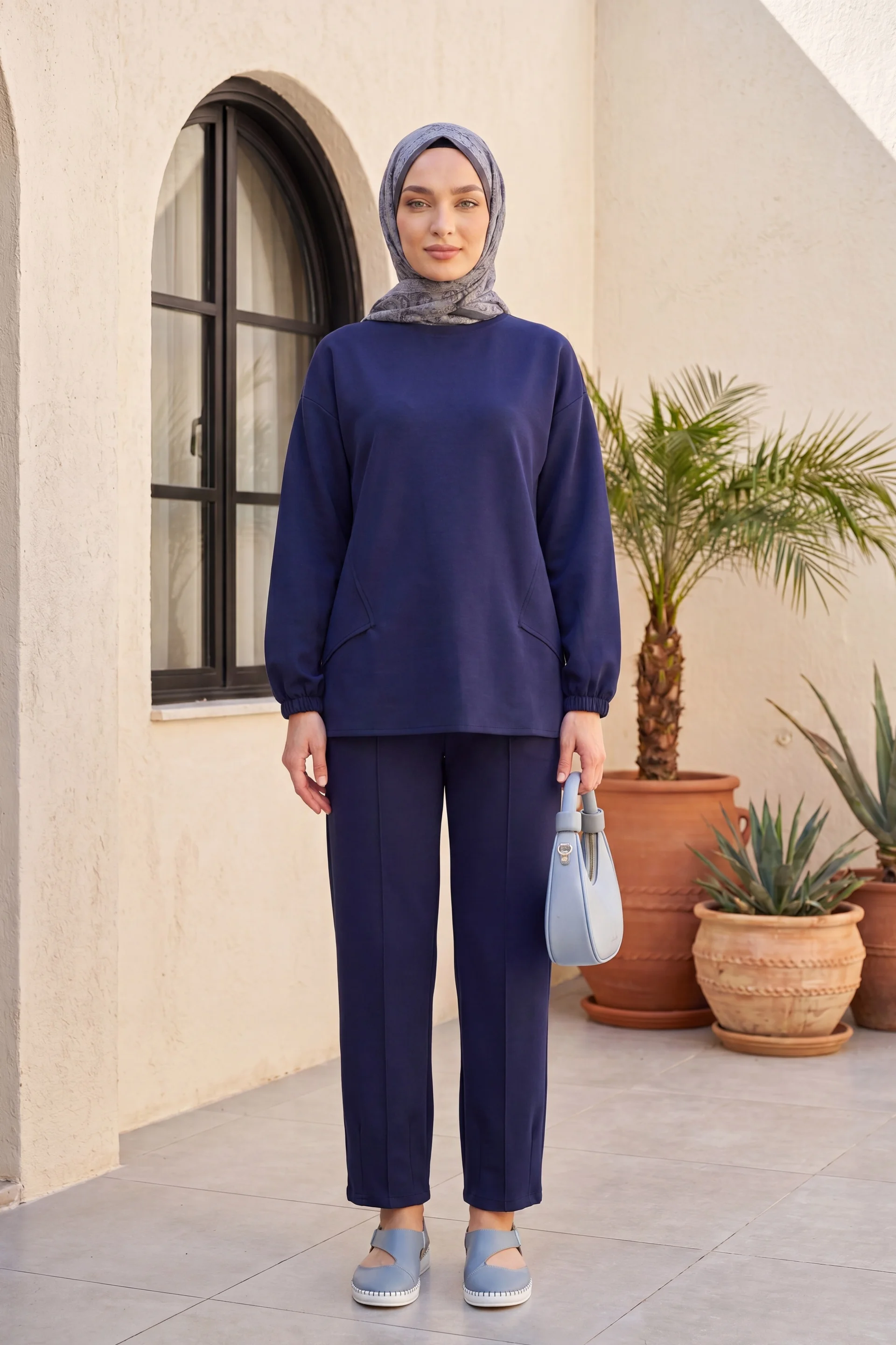 Navy Blue Long-Sleeve Crew Neck Top and Relaxed Trousers Lounge Set - Podyumplus - by Peralane - photo 3