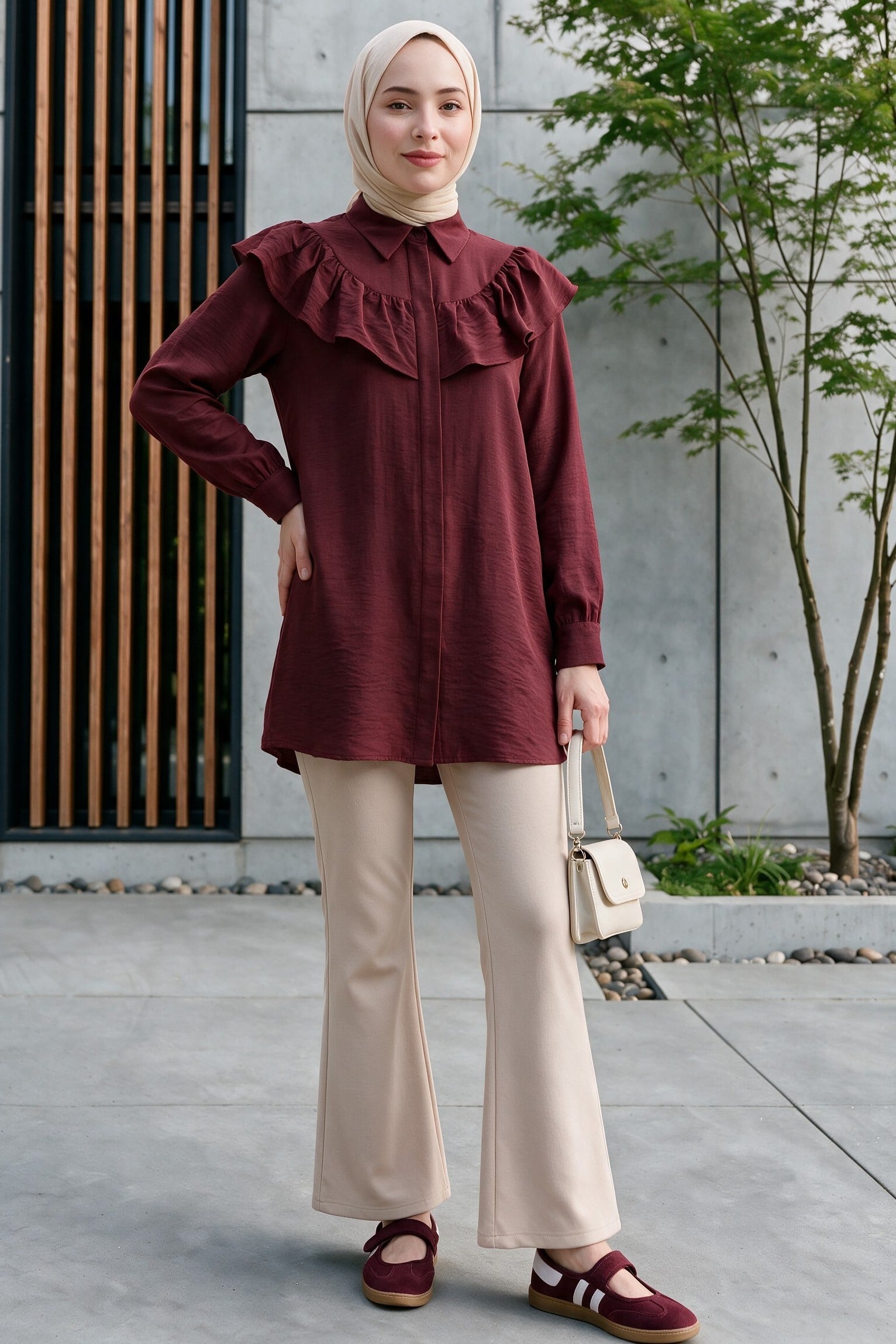 High-Waisted Flared Scuba Trousers in Beige - Podyumplus - by Peralane - photo 2