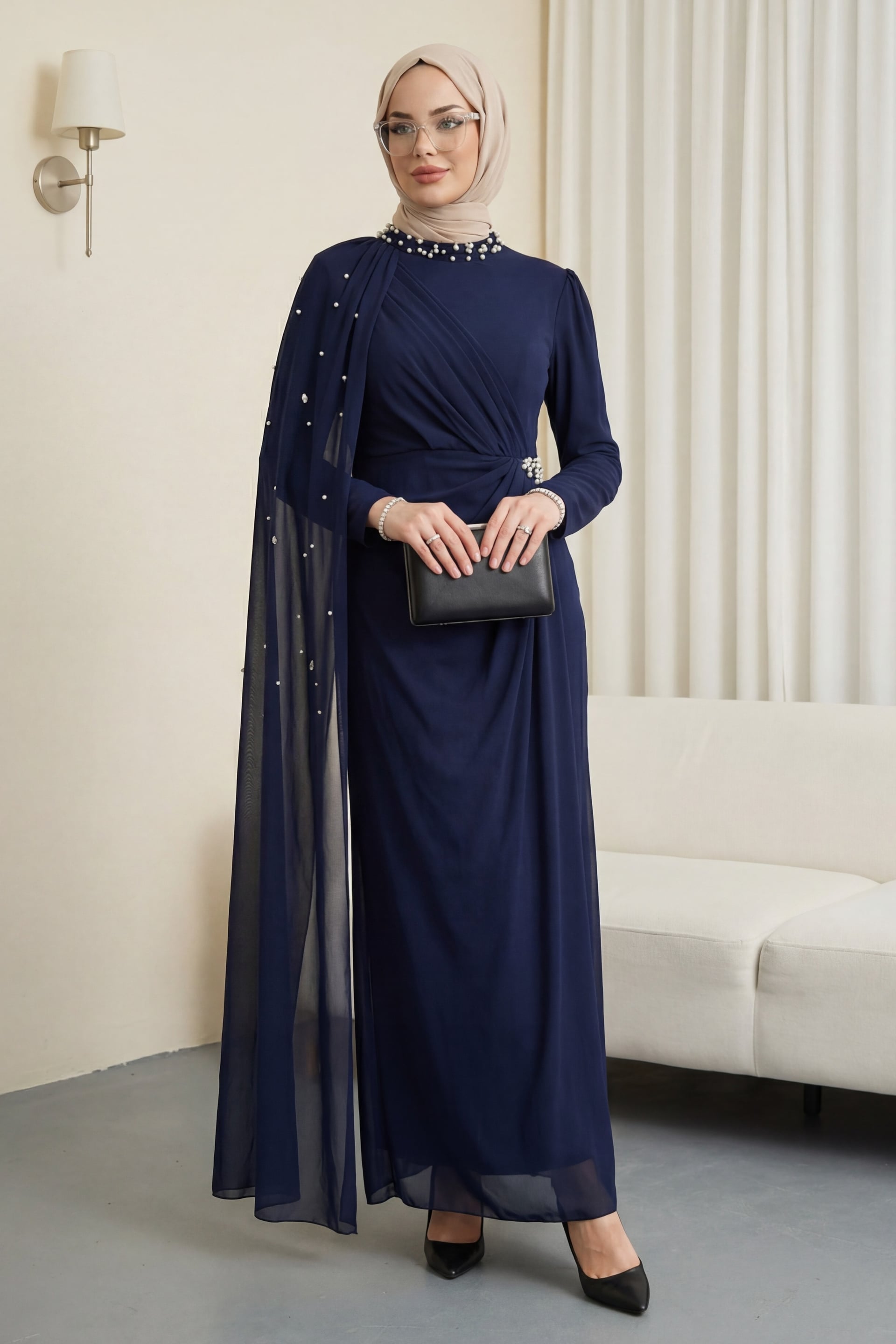Pearl Detail Tulle Cape High Collar Evening Dress - Navy - Podyumplus - by Peralane - photo 3