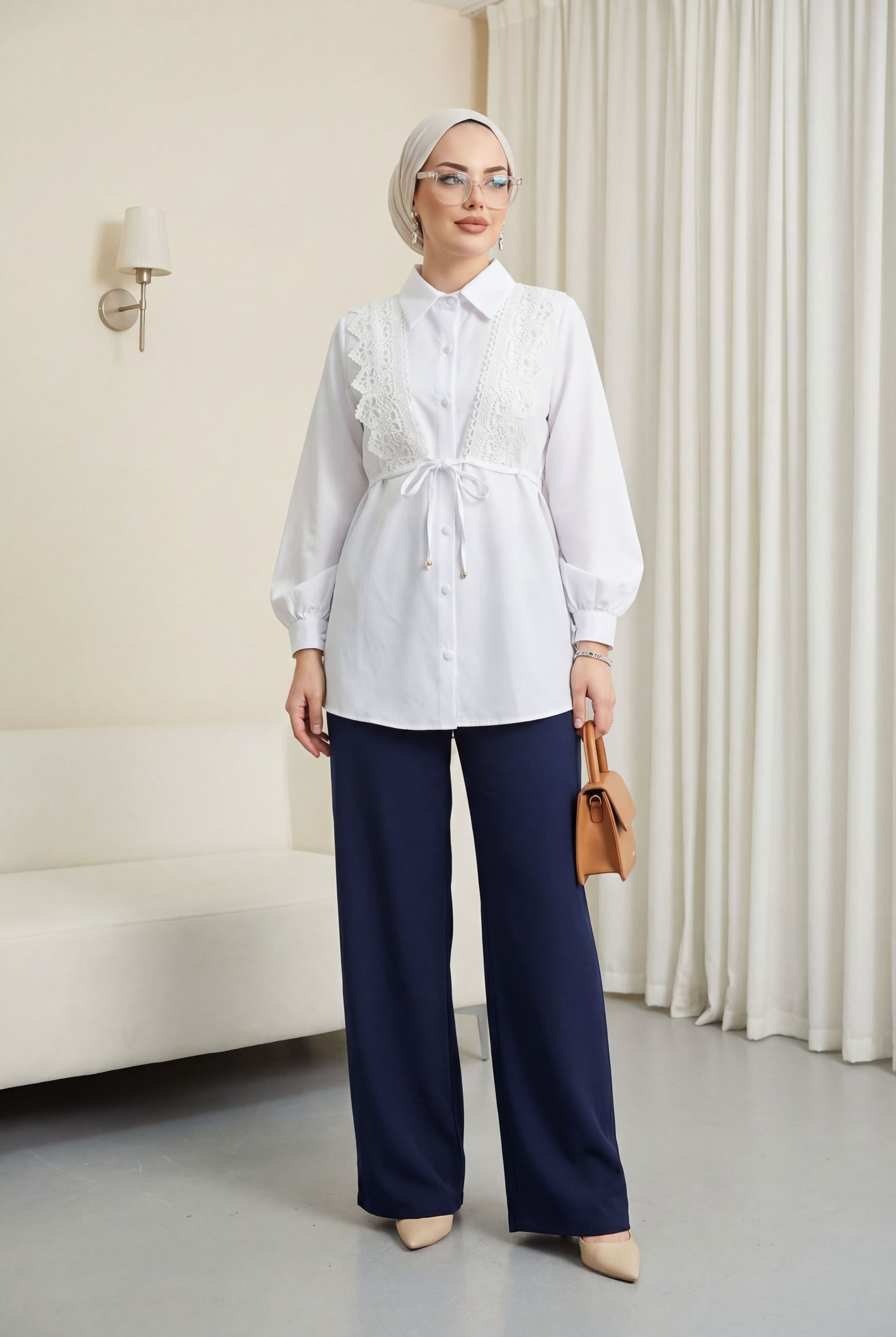 White Poplin Blouse with Lace Trim and Drawstring Tie - Podyumplus - by Peralane - photo 2