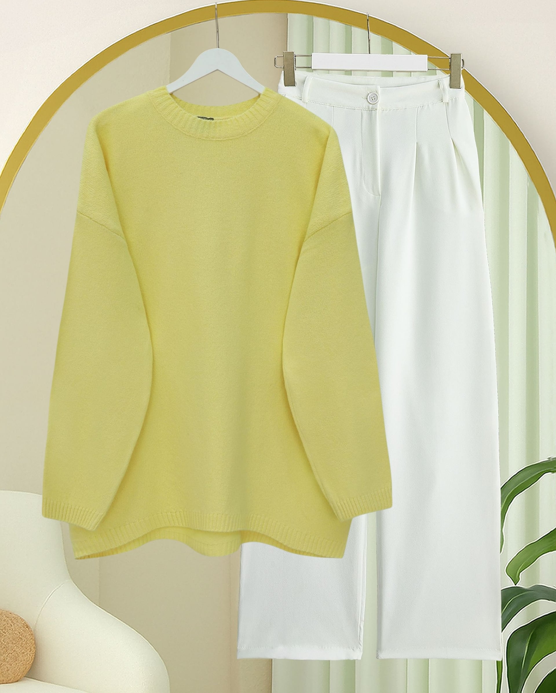 Round Neck Relaxed Fit Knit Sweater - Yellow - Podyumplus - by Peralane - photo 3