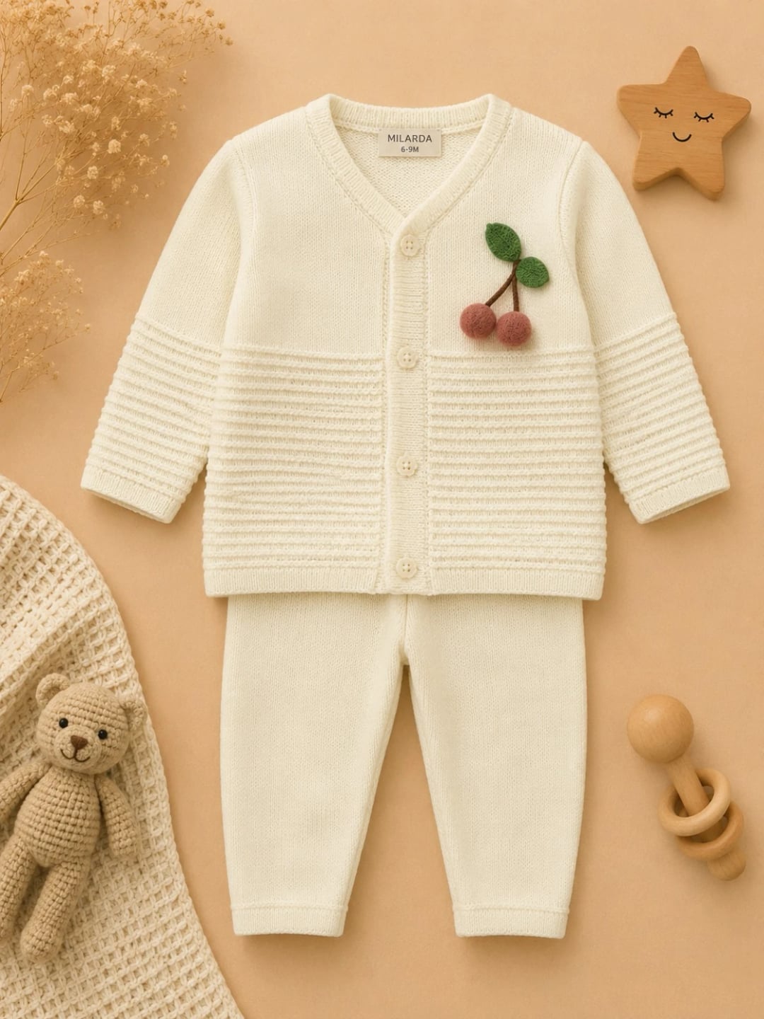 2-Piece Knitted Baby Set - Cream with Cherry Motif - Has Bereket - by Peralane