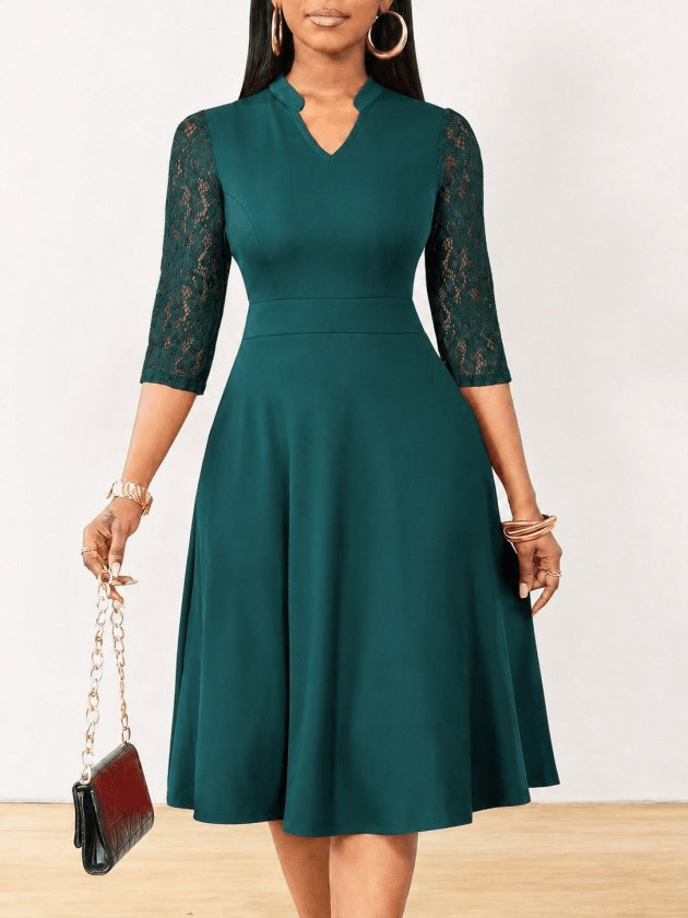 Women's Short-Sleeve V-Neck Lace Crepe Dress in Green - Janes - by Peralane