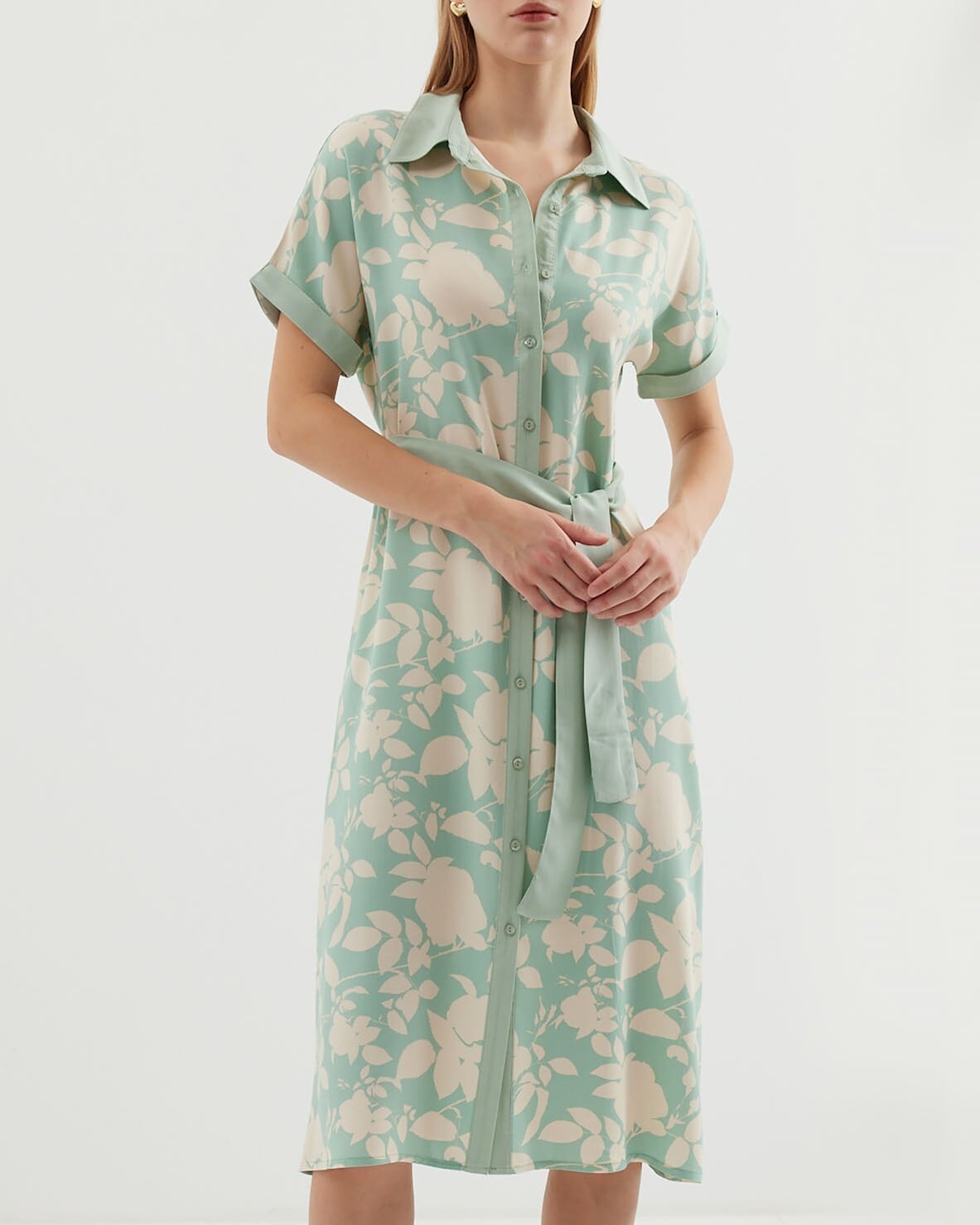 Floral Print Short-Sleeve Shirt Dress in Light Green - Bigdart - by Peralane - photo 2