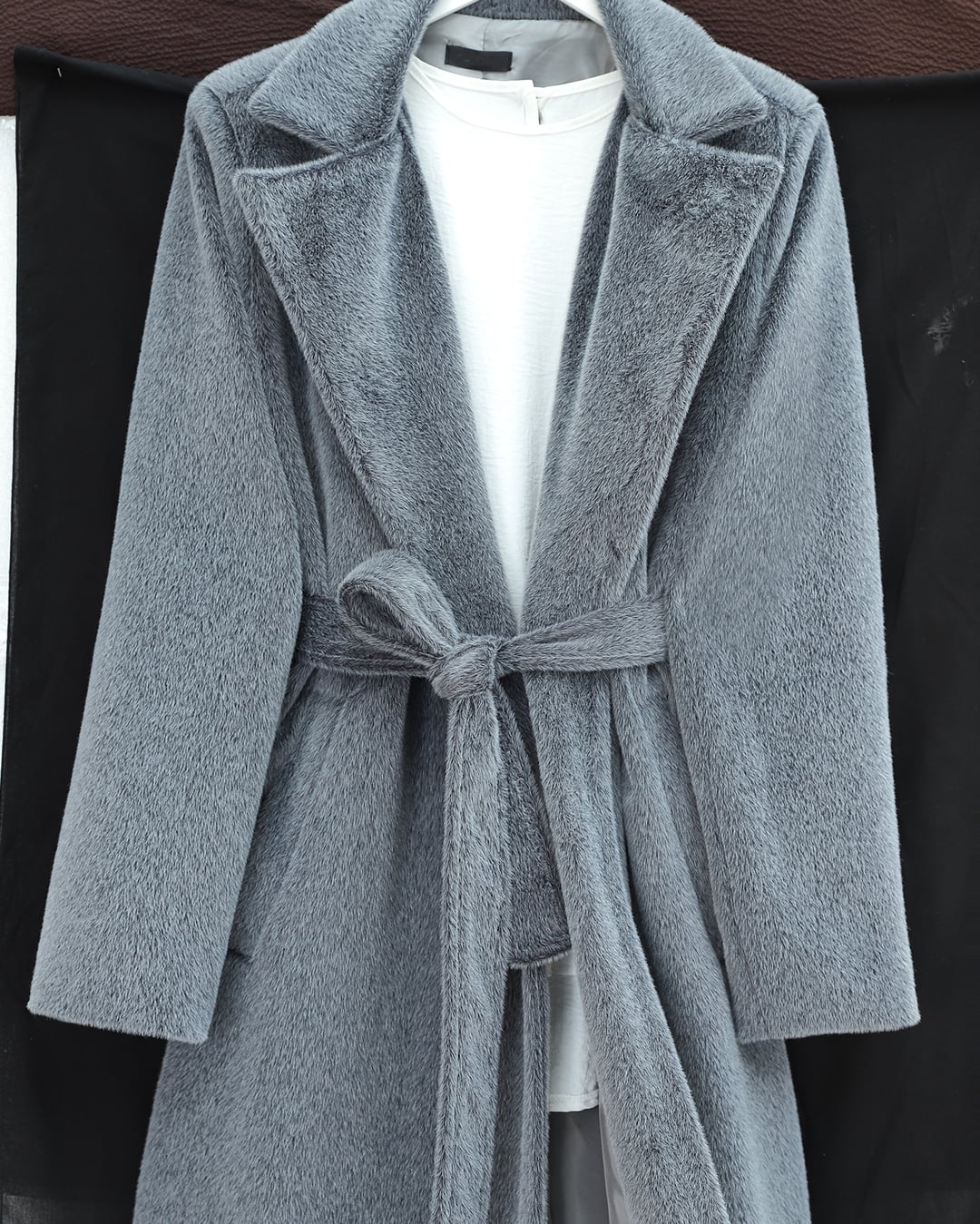 Women's Belted Faux Fur Coat with Lining and Pockets – Smoky Grey - Podyumplus - by Peralane - photo 5