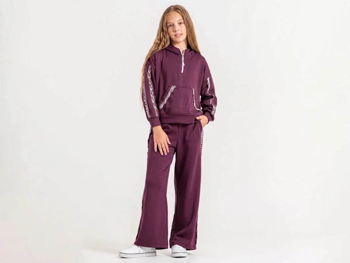 Girls' Hooded Tracksuit Set with Braided Trim - Deep Plum - ÖZ Bebe - by Peralane