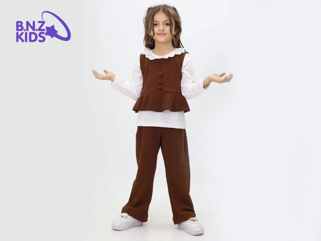 Button Detail Lace Collar Knitted Three-Piece Girls' Set - Incilay - by Peralane
