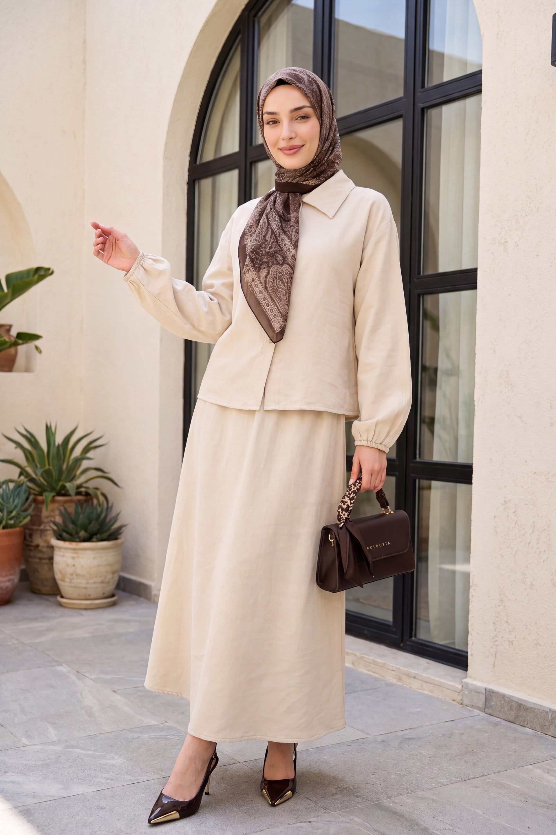 Muslin Two-Piece Set with Long-Sleeve Blouse and A-Line Maxi Skirt - Stone - Podyumplus - by Peralane - photo 3