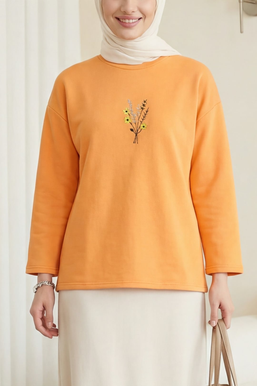 Orange Floral Embroidered Crew Neck Oversize Sweatshirt - Podyumplus - by Peralane - photo 6