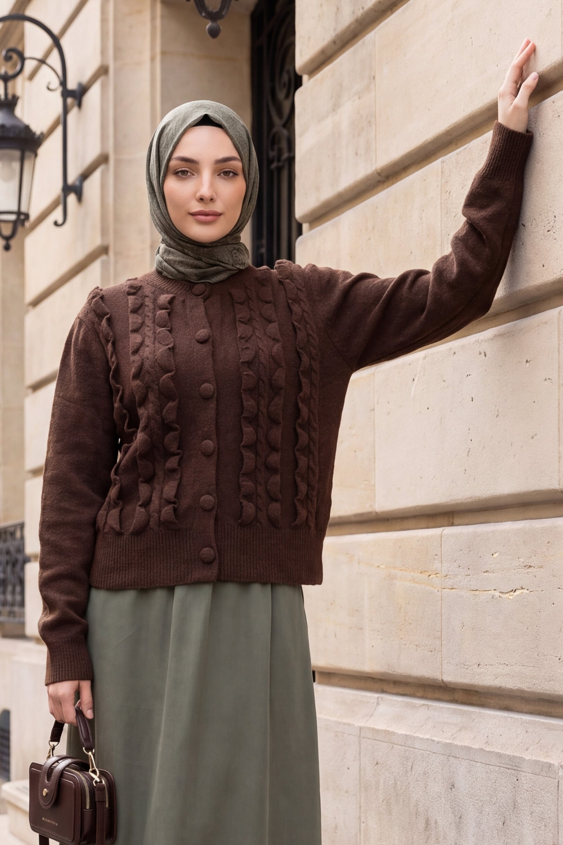 Cable Knit Ruffled Buttoned Cardigan - Brown - Podyumplus - by Peralane - photo 2
