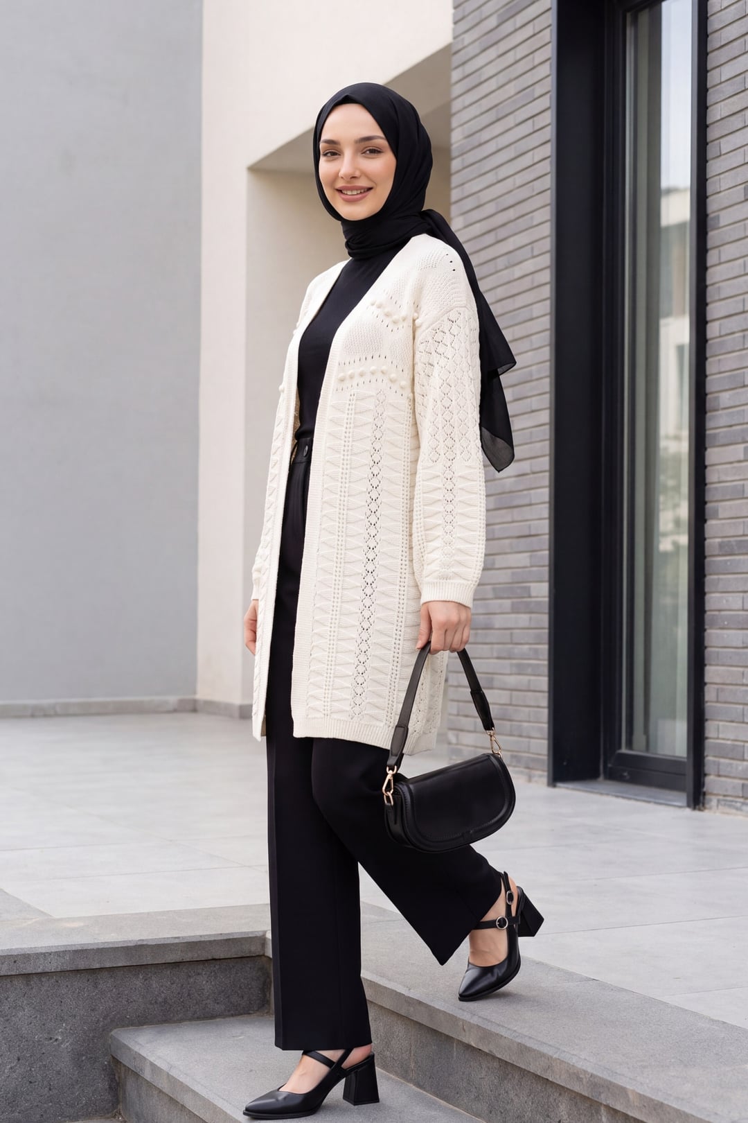 Cream Pom-Pom Patterned Mid-Length Knit Cardigan - Podyumplus - by Peralane - photo 2