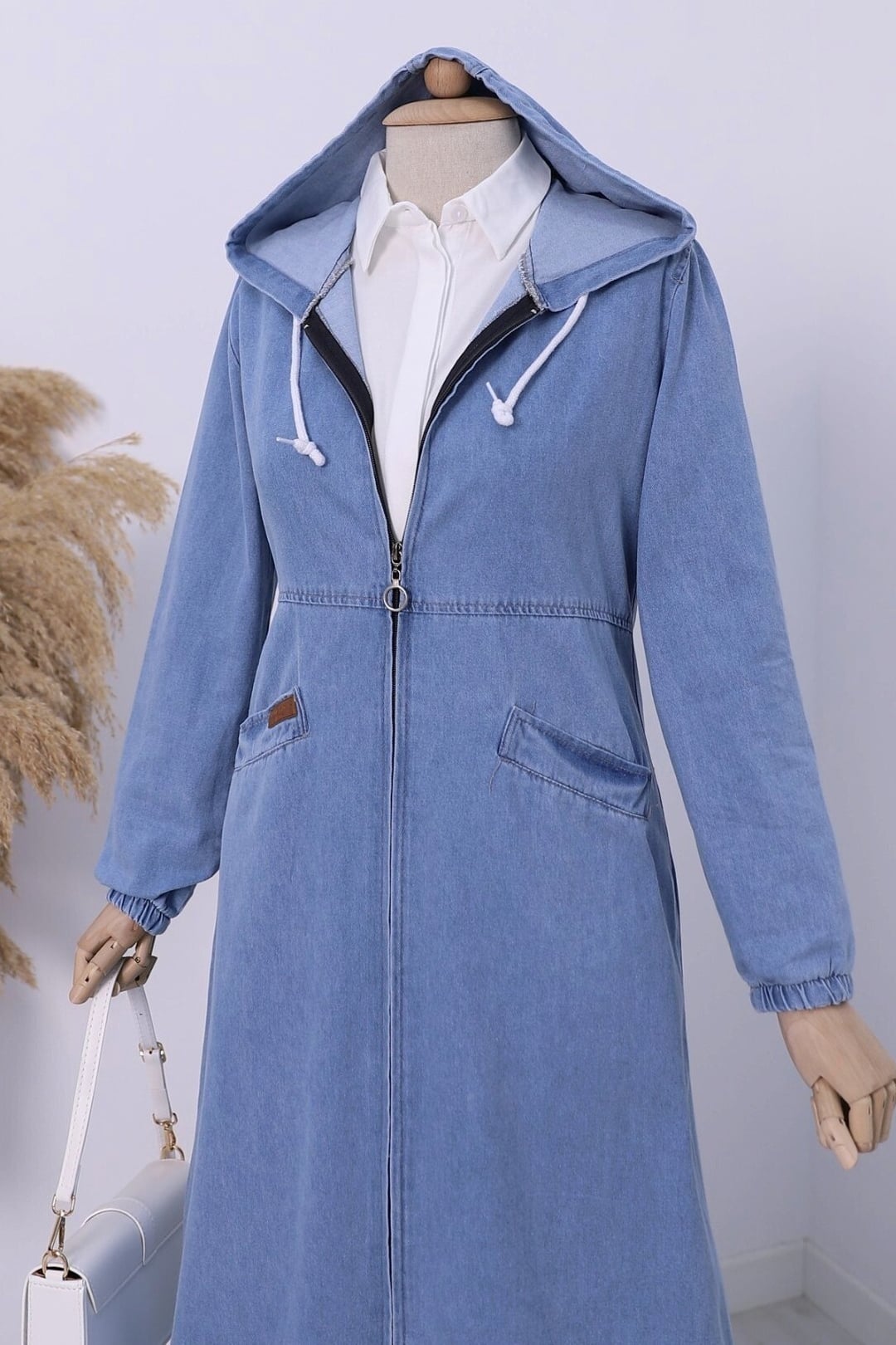 Hooded Denim Jacket with Side Pockets - Blue - Podyumplus - by Peralane - photo 6