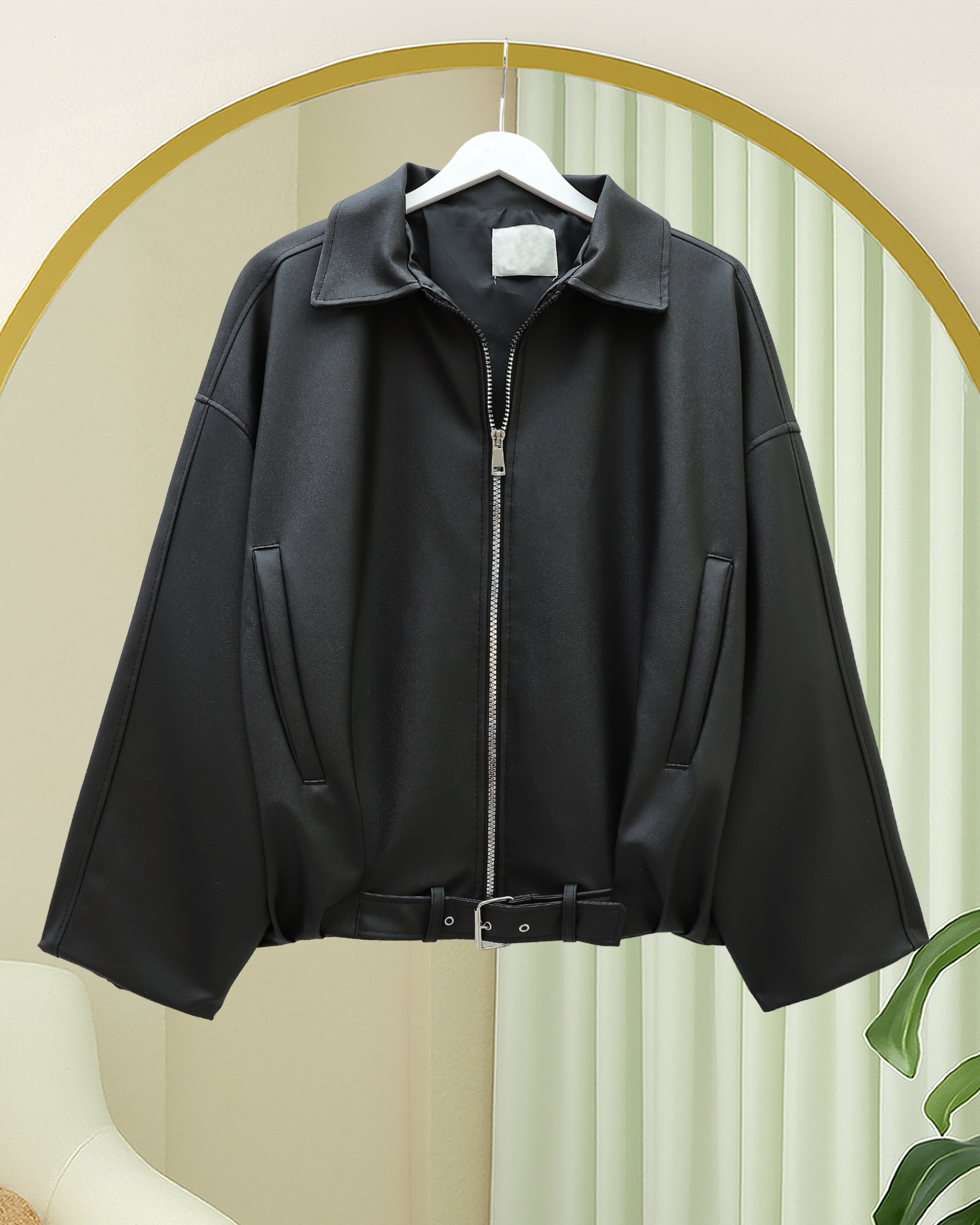 Black Faux Leather Belted Jacket with Buckle Detail - Podyumplus - by Peralane - photo 2