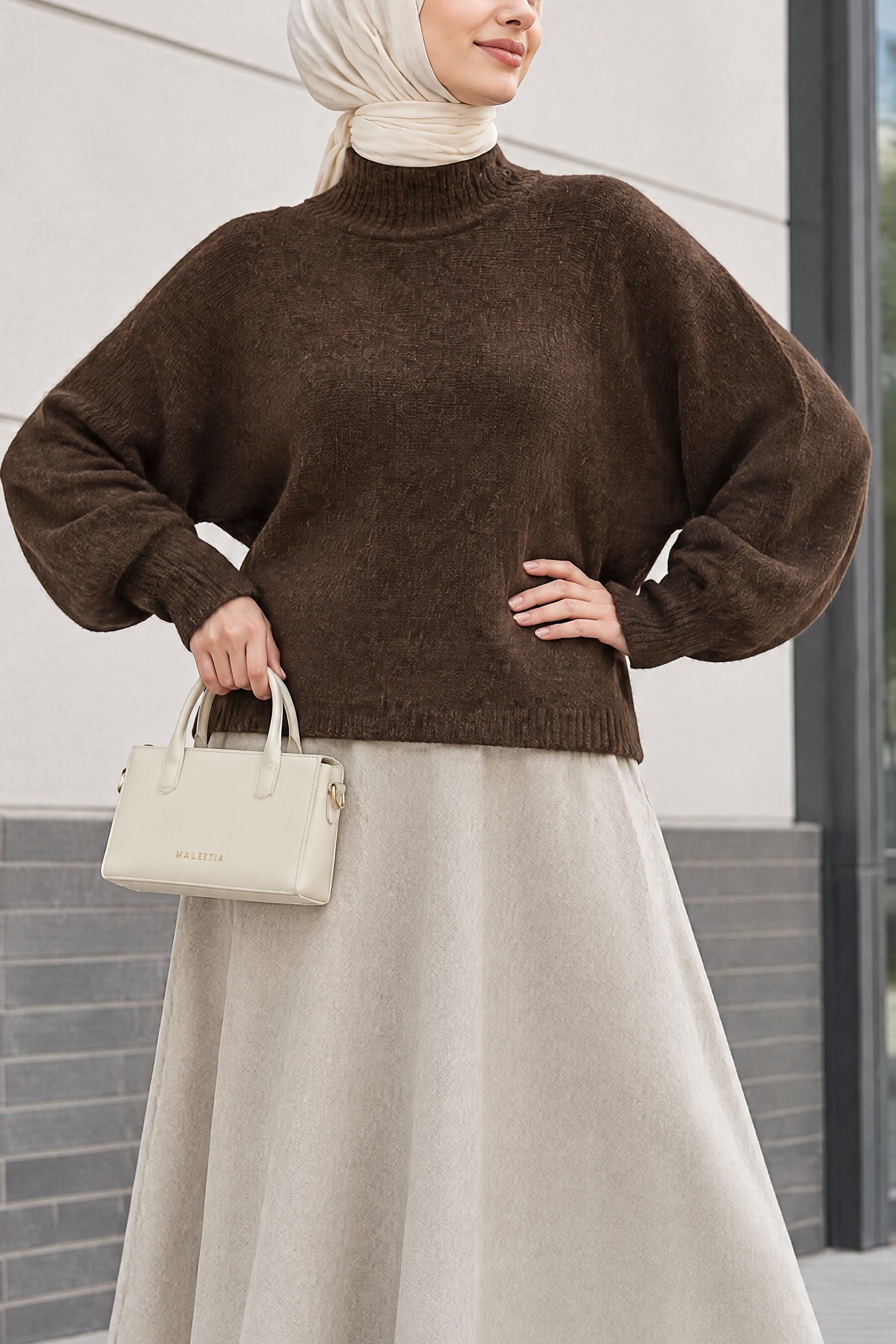 Women's Brown Oversized Batwing Sleeve Turtleneck Knit Sweater - Bigdart - by Peralane