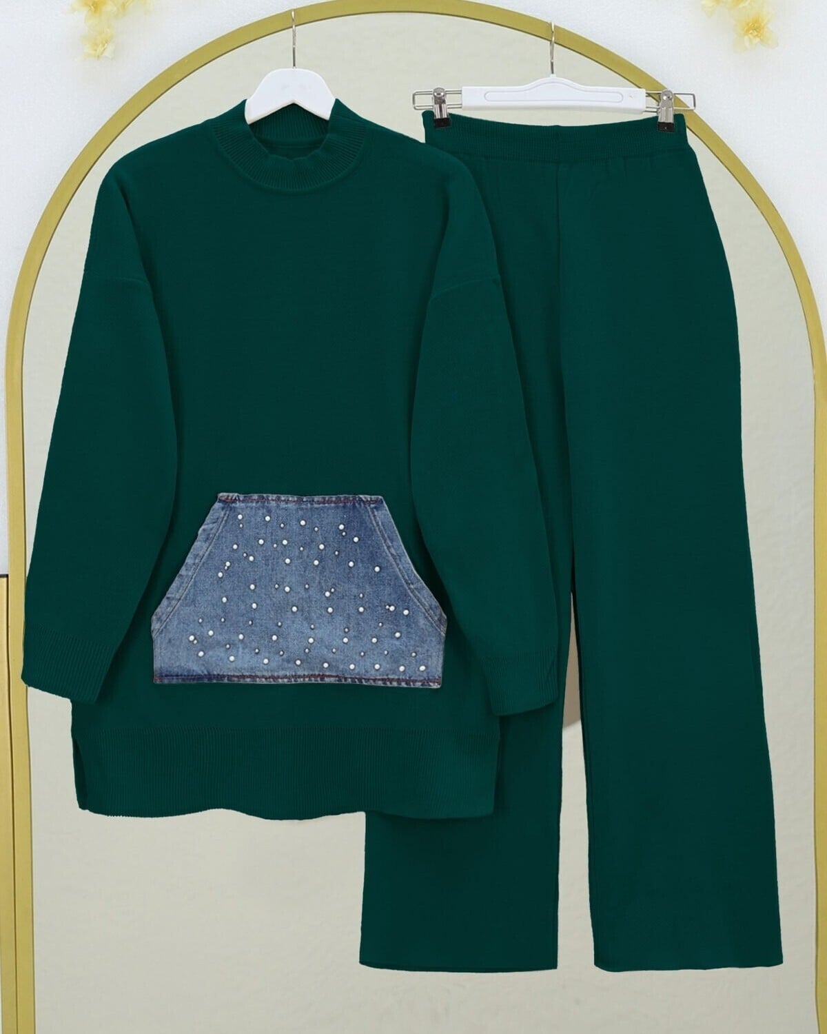 Modest Knit Lounge Set with Denim-Look Pockets and Pearl Details - Emerald - Podyumplus - by Peralane - photo 2