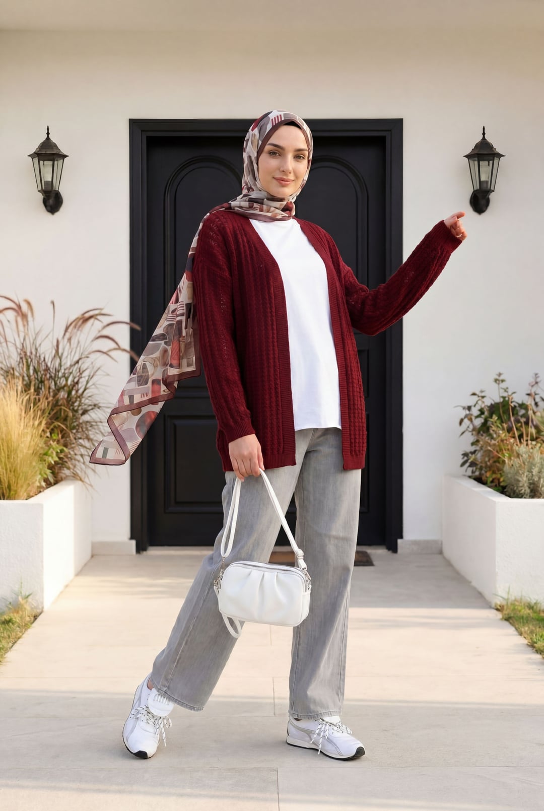 Burgundy Openwork Knit Cardigan - Podyumplus - by Peralane - photo 2