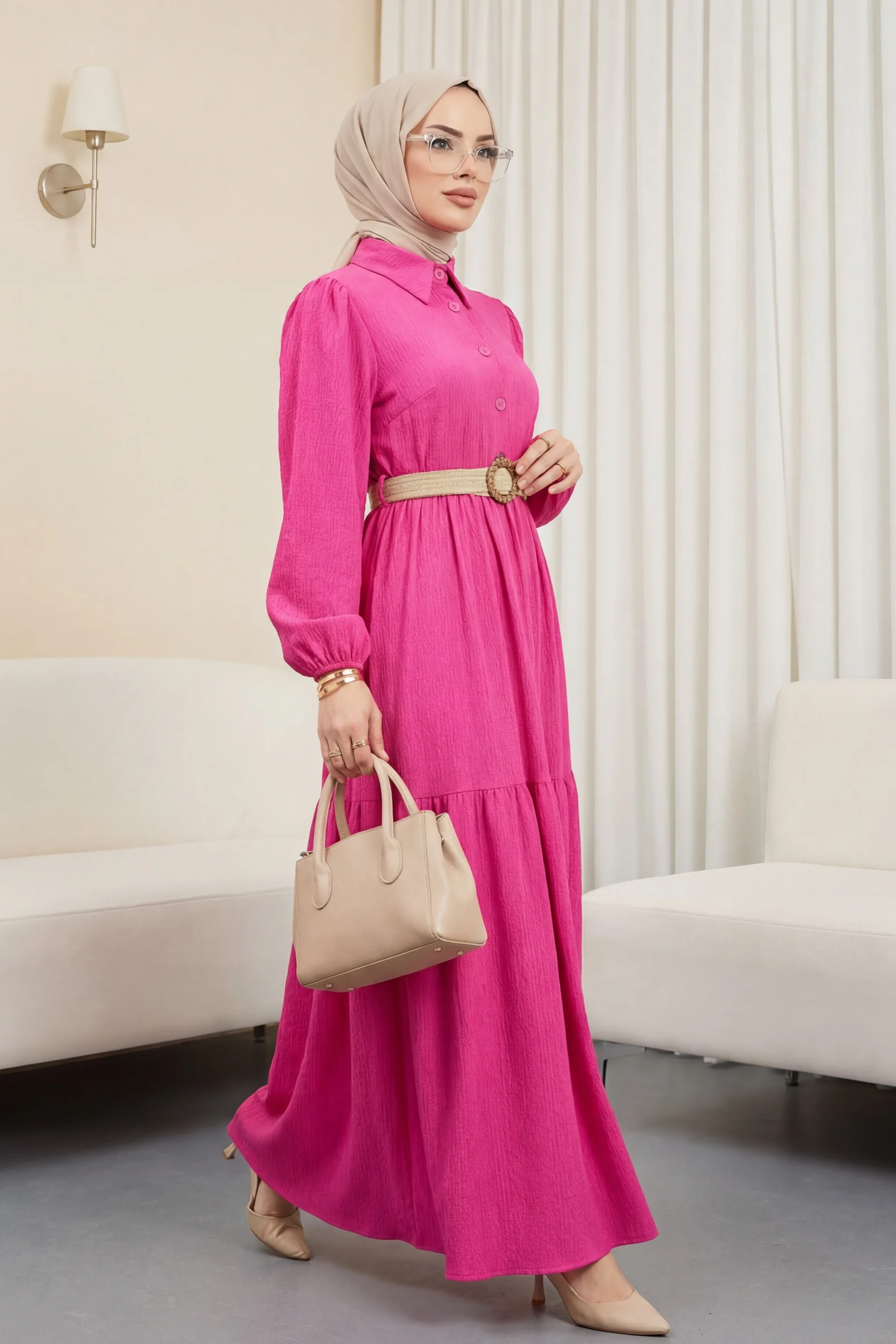 Partially Buttoned Belted Crinkle Dress - Fuchsia - Podyumplus - by Peralane