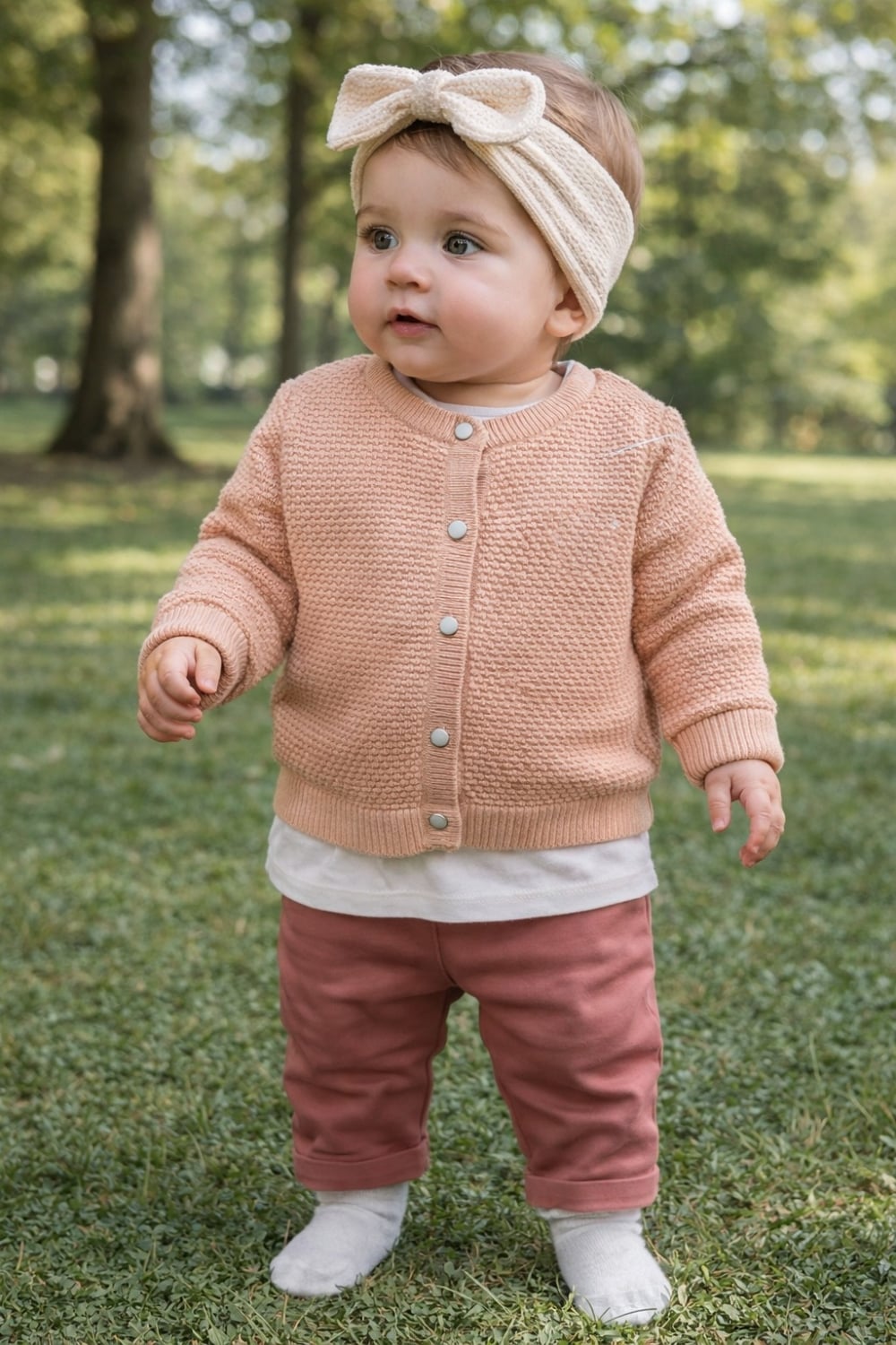 Baby Girl Knit Cardigan, T-Shirt and Trousers Set of 3 - Salmon - Has Bereket - by Peralane