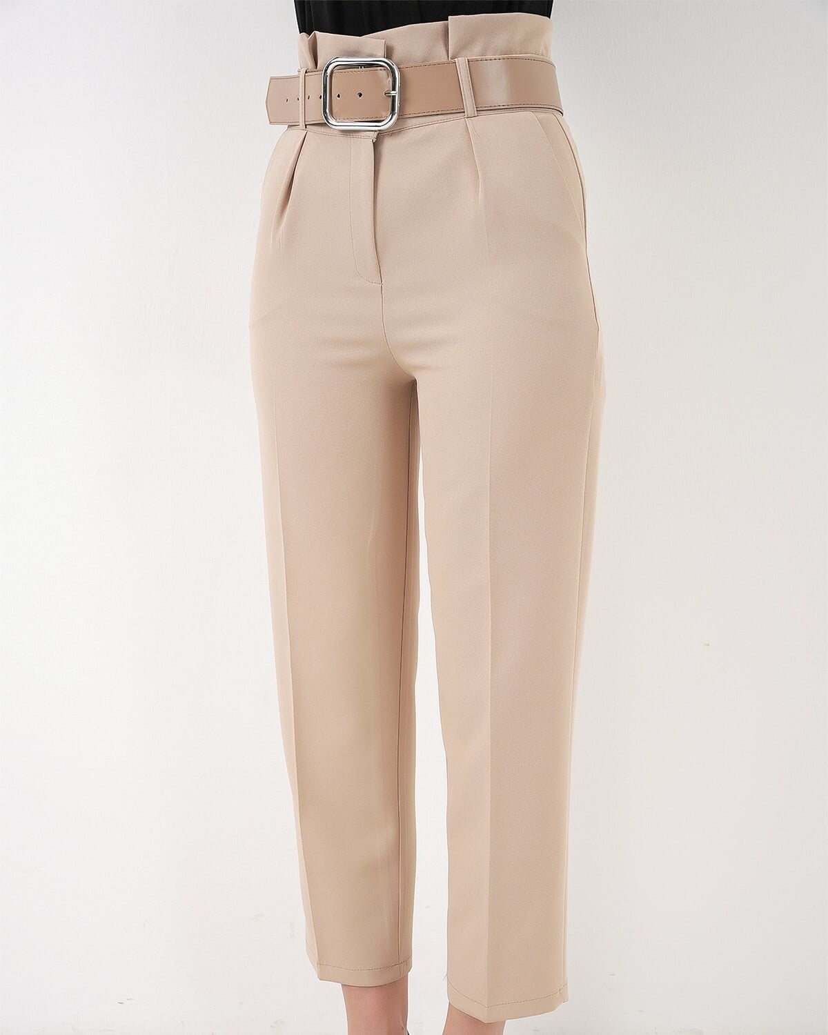 Cream Belted Fabric Trousers with Straight Leg and Cropped Length - Bigdart - by Peralane - photo 4