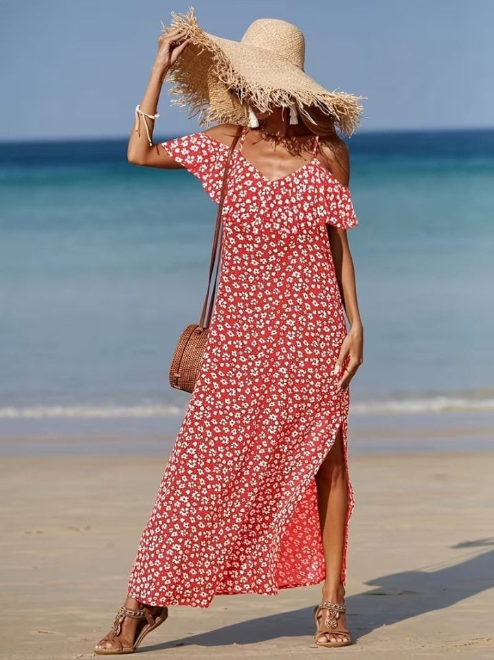 Women's Red Floral Print Maxi Dress with Cold-Shoulder Sleeves - Janes - by Peralane