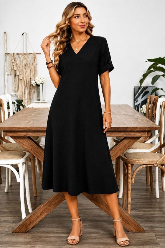 Women's V-Neck Short-Sleeve Midi Dress in Black - Janes - by Peralane - photo 2