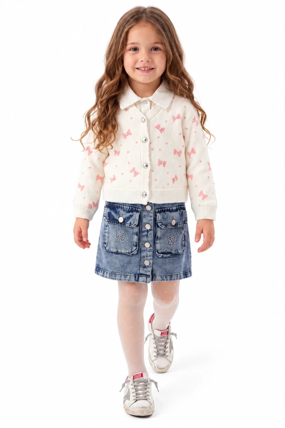 Girl's Cardigan and Denim Skirt Set - 1119 - Has Bereket - by Peralane