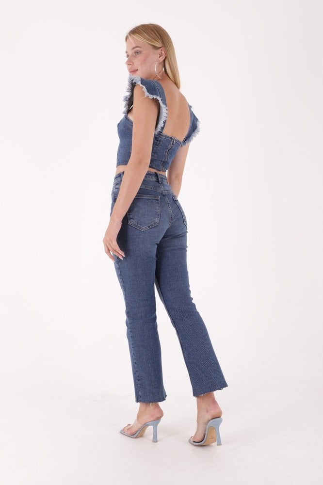 Women's High-Waist Mom Fit Flared Jeans with Square Neck Crop Top Set - Dark Blue Denim - Xlove - by Peralane - photo 4