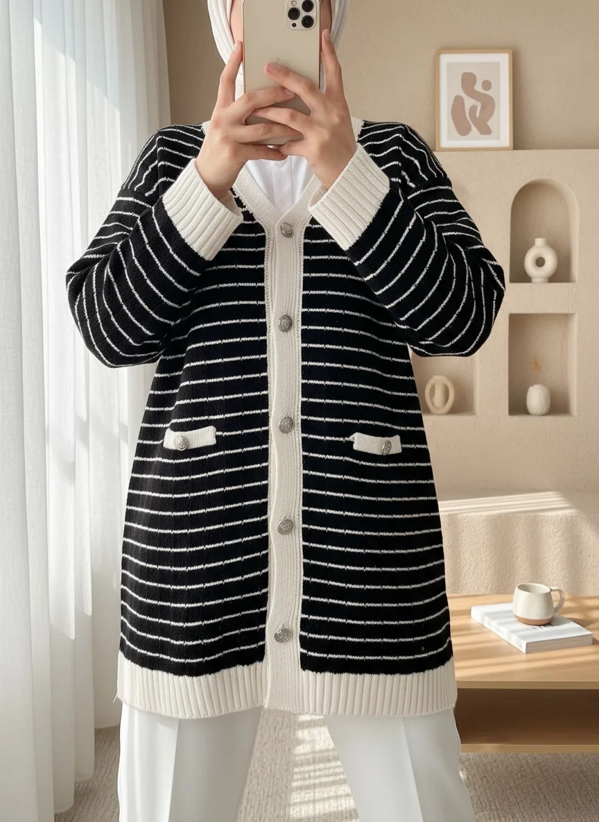 Striped Button-Front Cardigan with Pocket Details - Black - Podyumplus - by Peralane