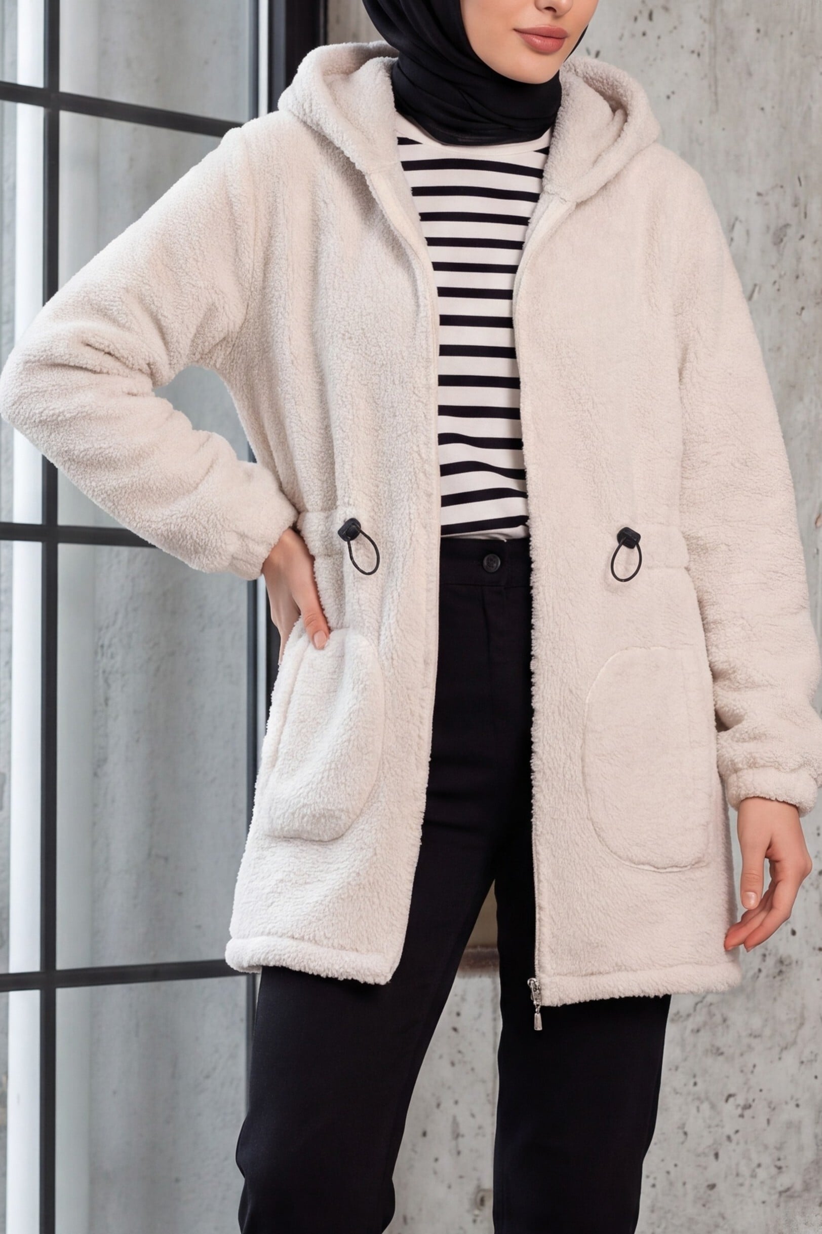 Beige Hooded Zip Fleece Jacket with Elasticated Waist - Podyumplus - by Peralane