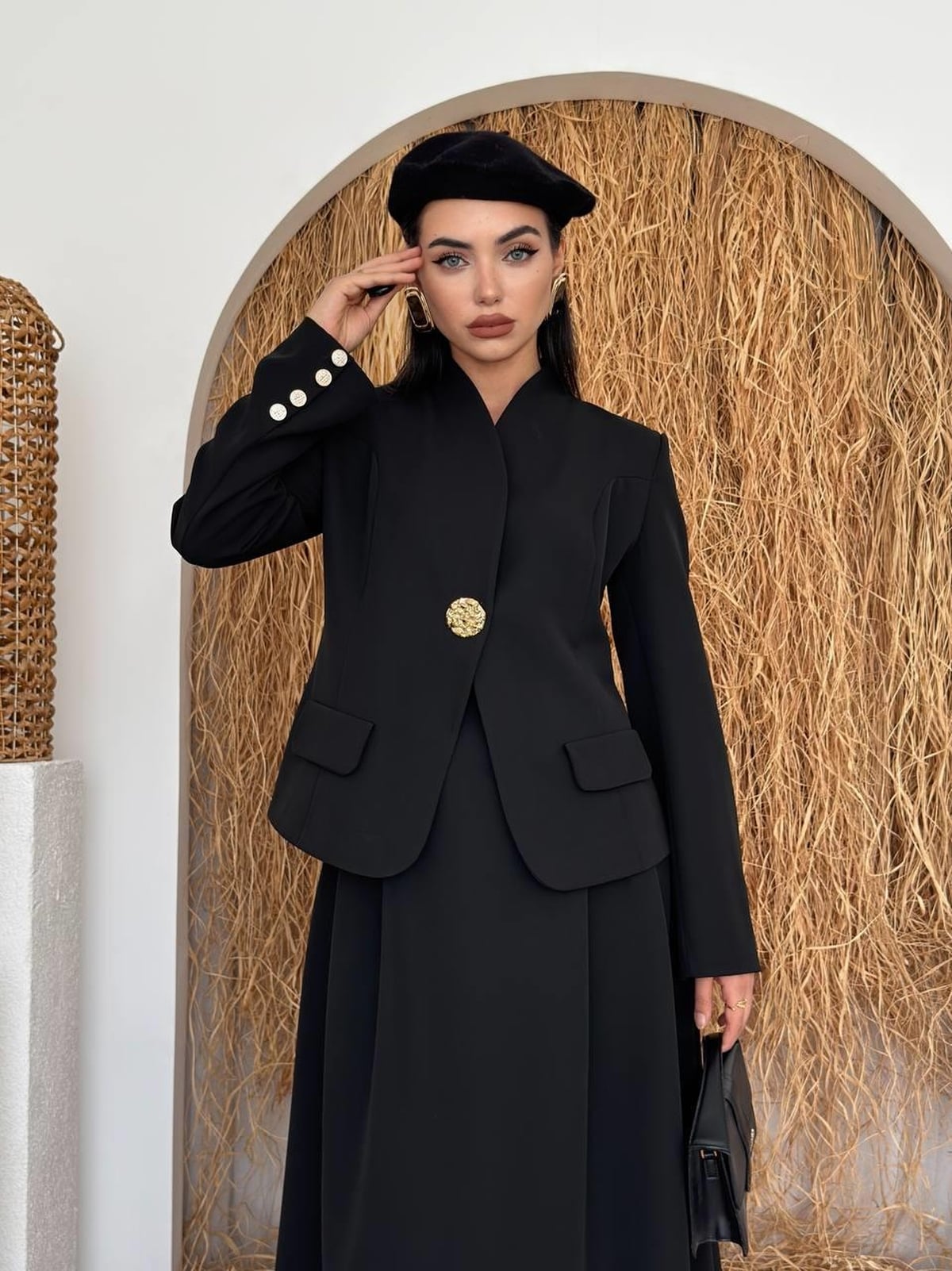 Black Satin Blazer with Flap Pockets and Gold Button - Etika - by Peralane - photo 3