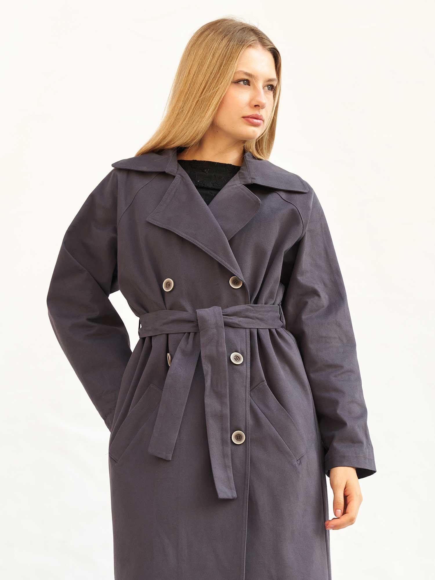 Belted Double-Breasted Long Trench Coat in Dark Grey - Lefon - by Peralane - photo 5