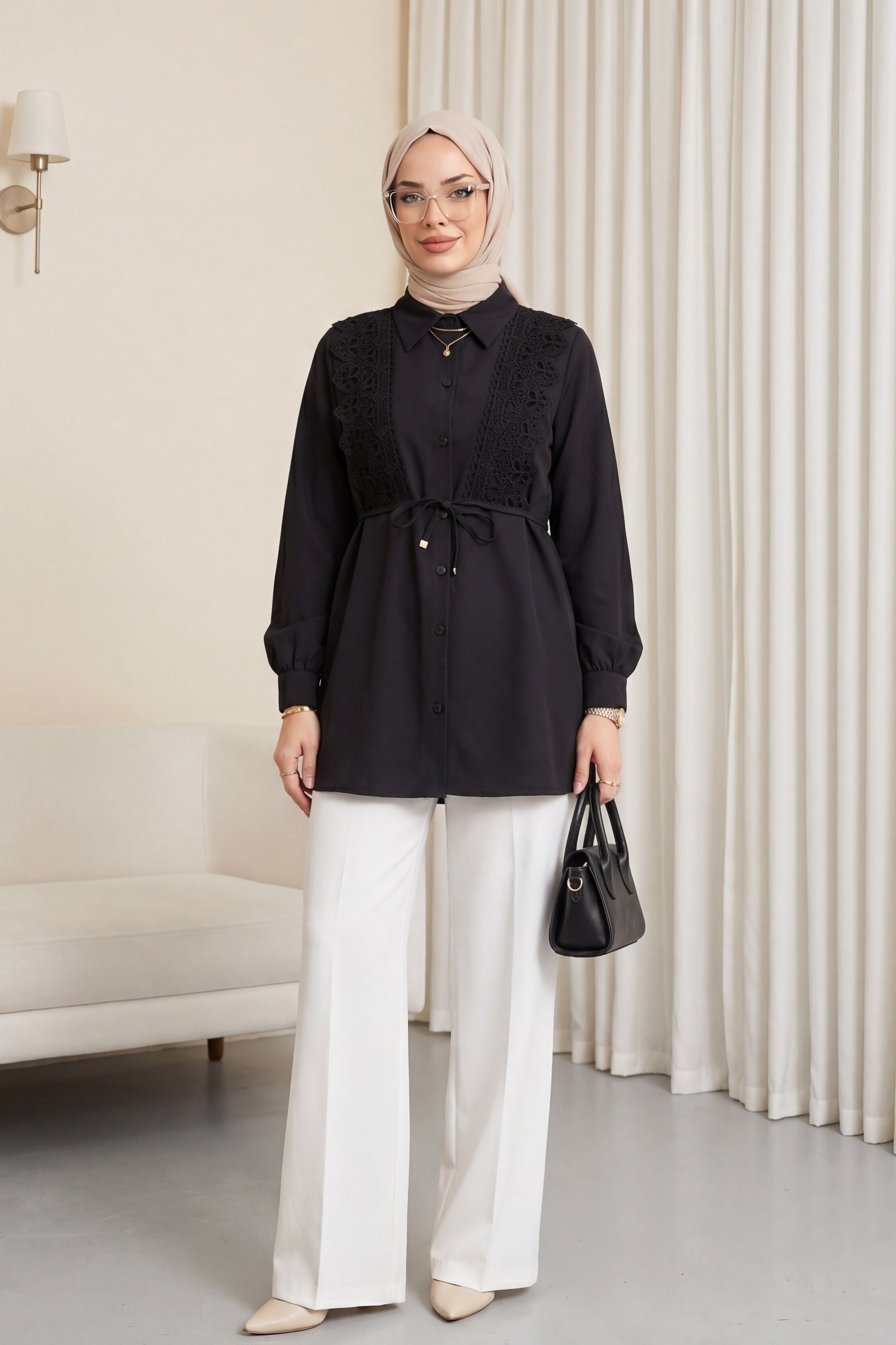 Black Poplin Tunic with Lace Trim and Self-Tie Belt - Podyumplus - by Peralane - photo 3