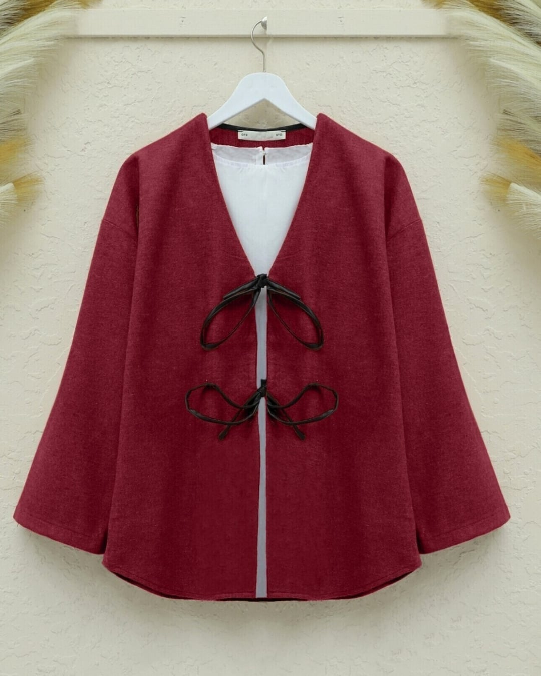 Front Tie Oval Cut Cashmere Kimono - Bordeaux - Podyumplus - by Peralane - photo 2