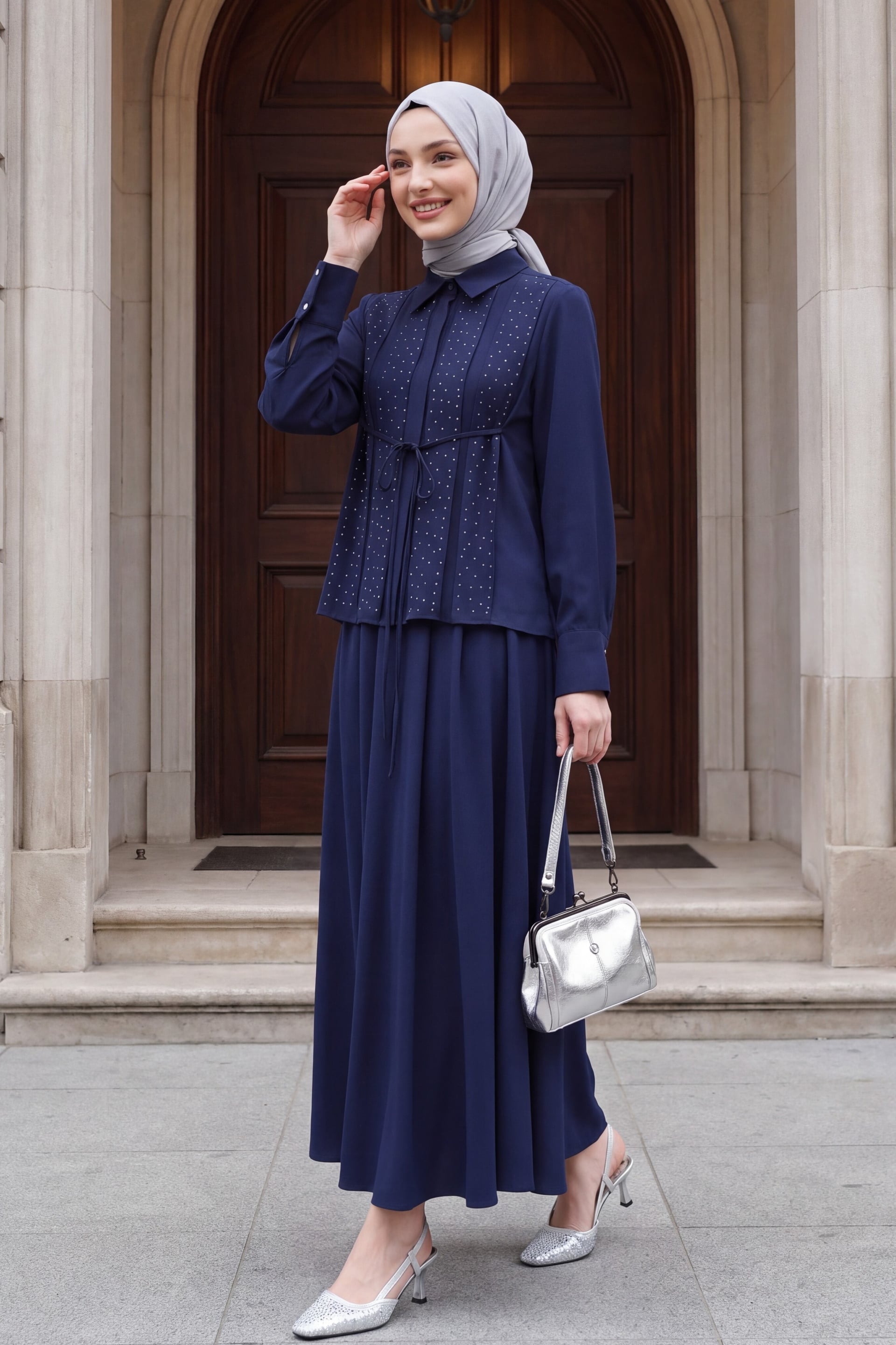 Navy Blue Beaded Lace-Up Shirt and Skirt Two-Piece Modal Set - Podyumplus - by Peralane - photo 3