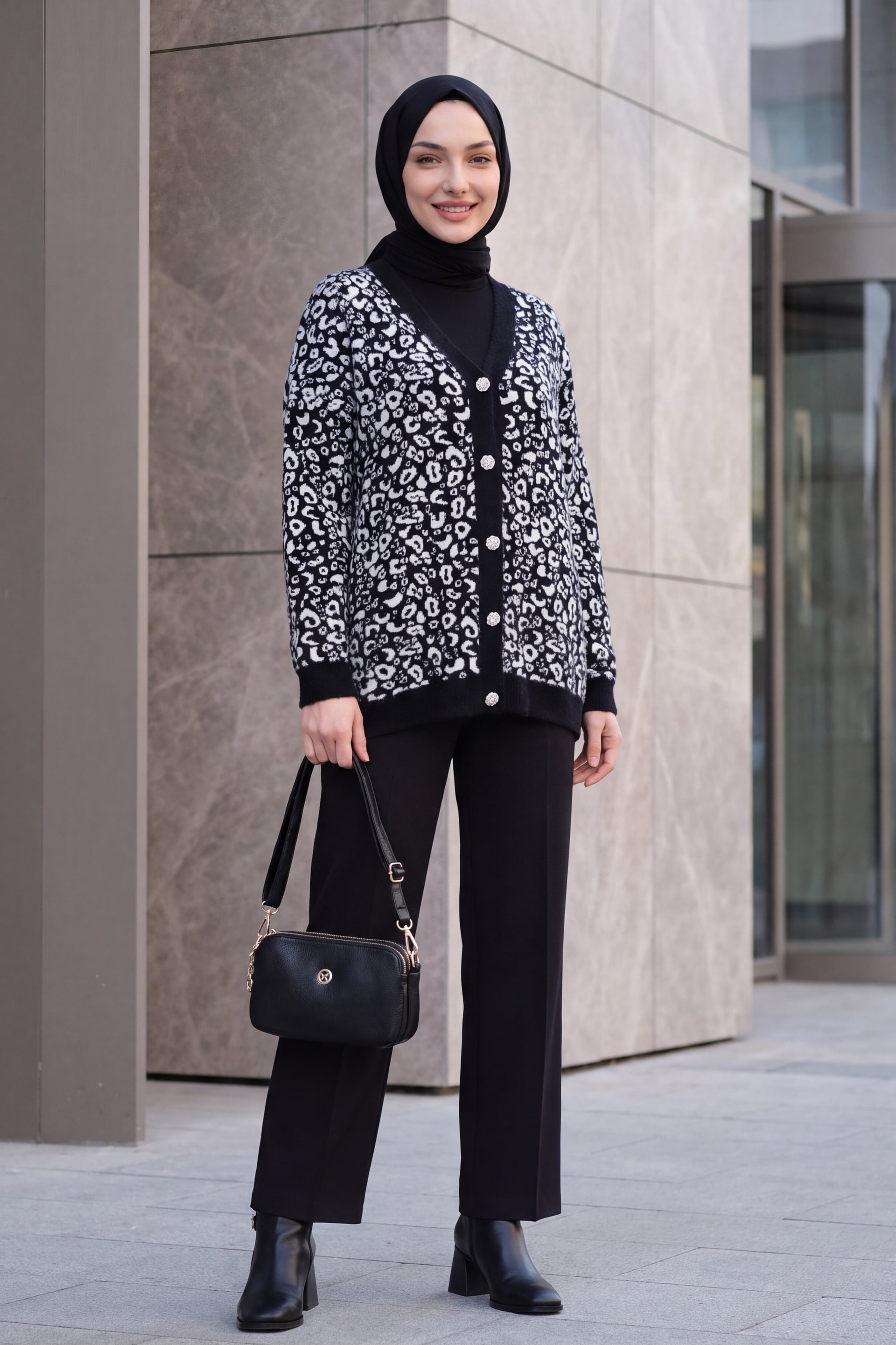 Leopard Print Buttoned Oversize Fringed Knit Cardigan - Black - Podyumplus - by Peralane - photo 4