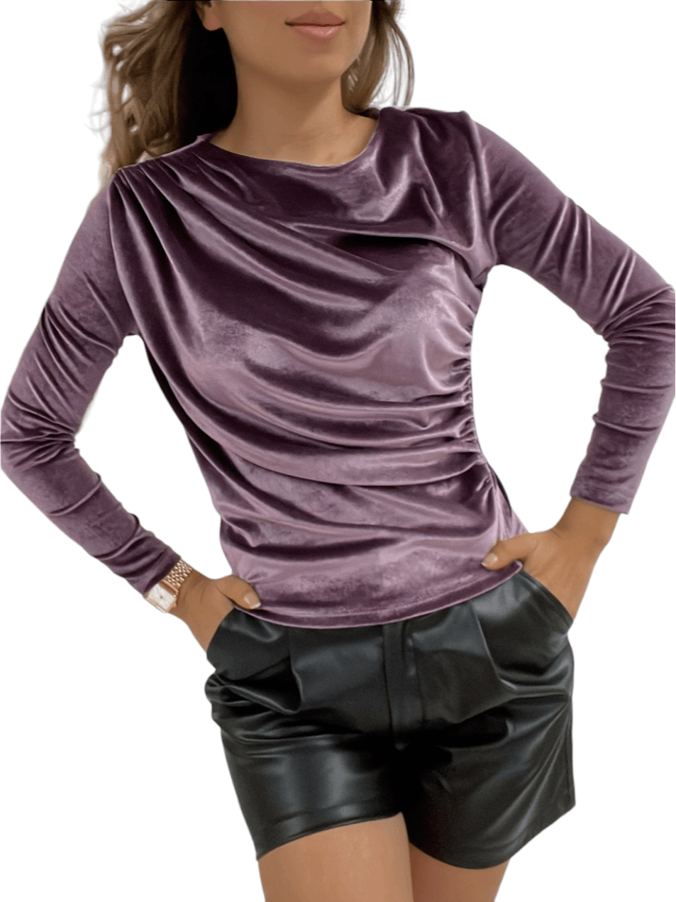 Draped Velvet Blouse with Cowl Neck - Plum - Podyumplus - by Peralane - photo 2