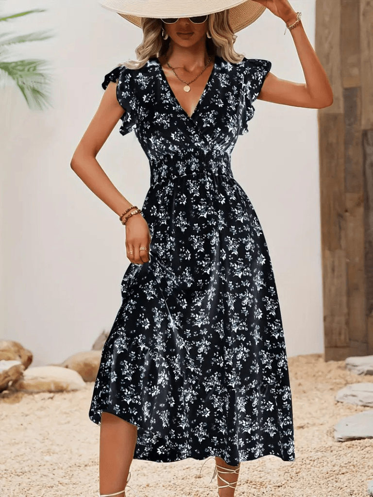 Women's Short-Sleeve V-Neck Floral Print Dress with Elastic Waist - Janes - by Peralane - photo 5