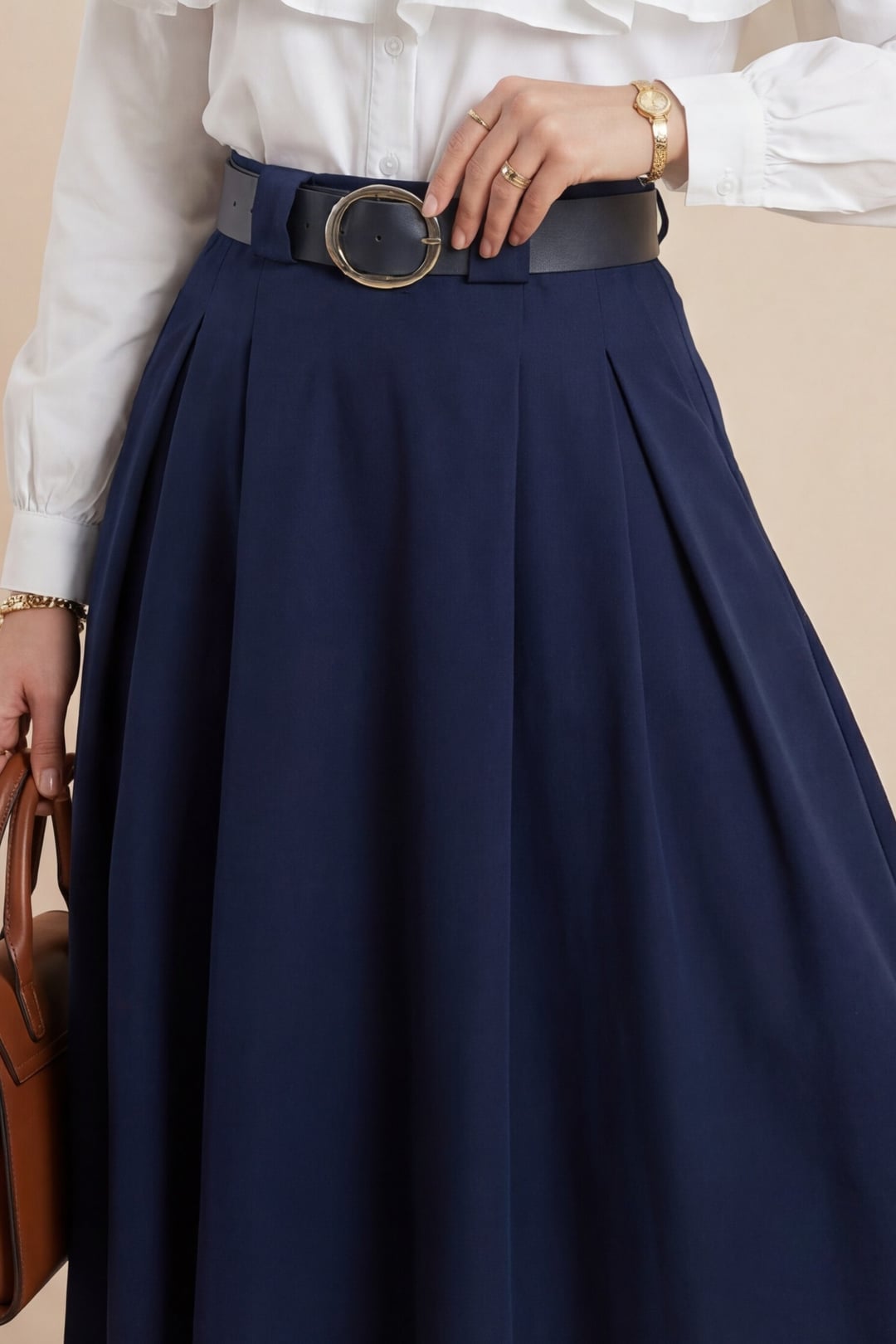 Navy Blue Thick Belted Pleated Tweed Skirt with Side Pockets - Podyumplus - by Peralane - photo 4