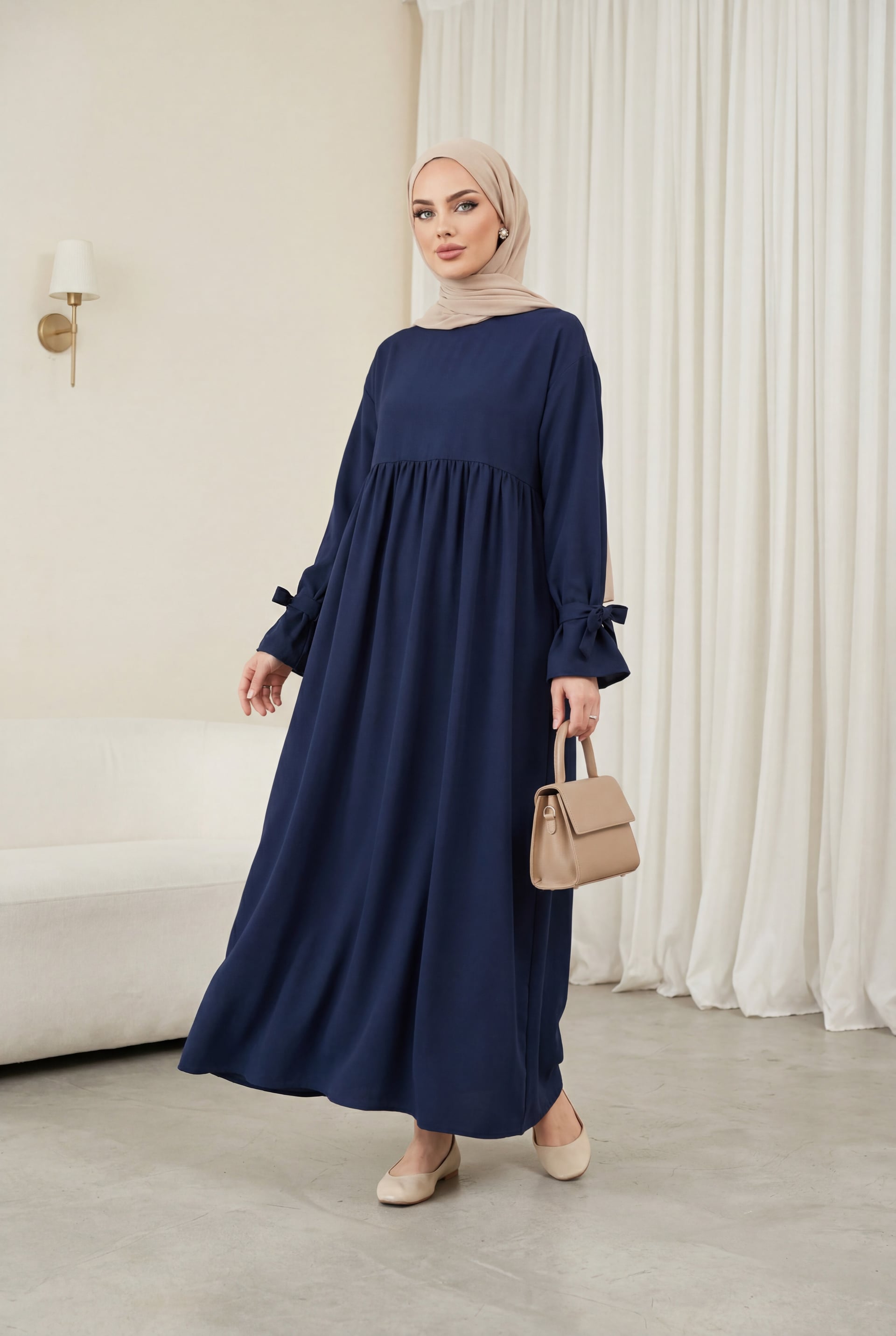 Navy Blue Long-Sleeved Tie-Sleeve Paneled Maxi Dress - Podyumplus - by Peralane