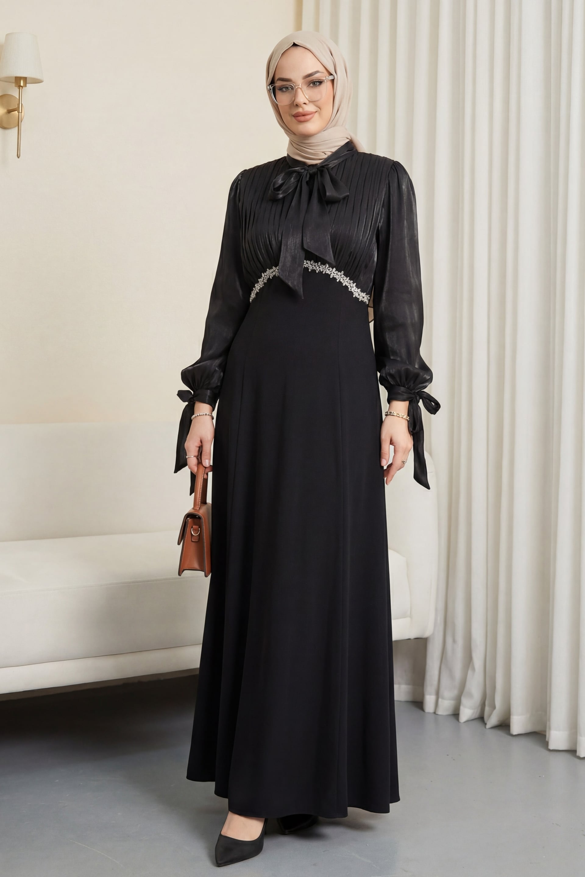 Lace-Up Neck and Sleeves Pleated Shot Satin Skirt Crepe Dress - Black - Podyumplus - by Peralane - photo 3