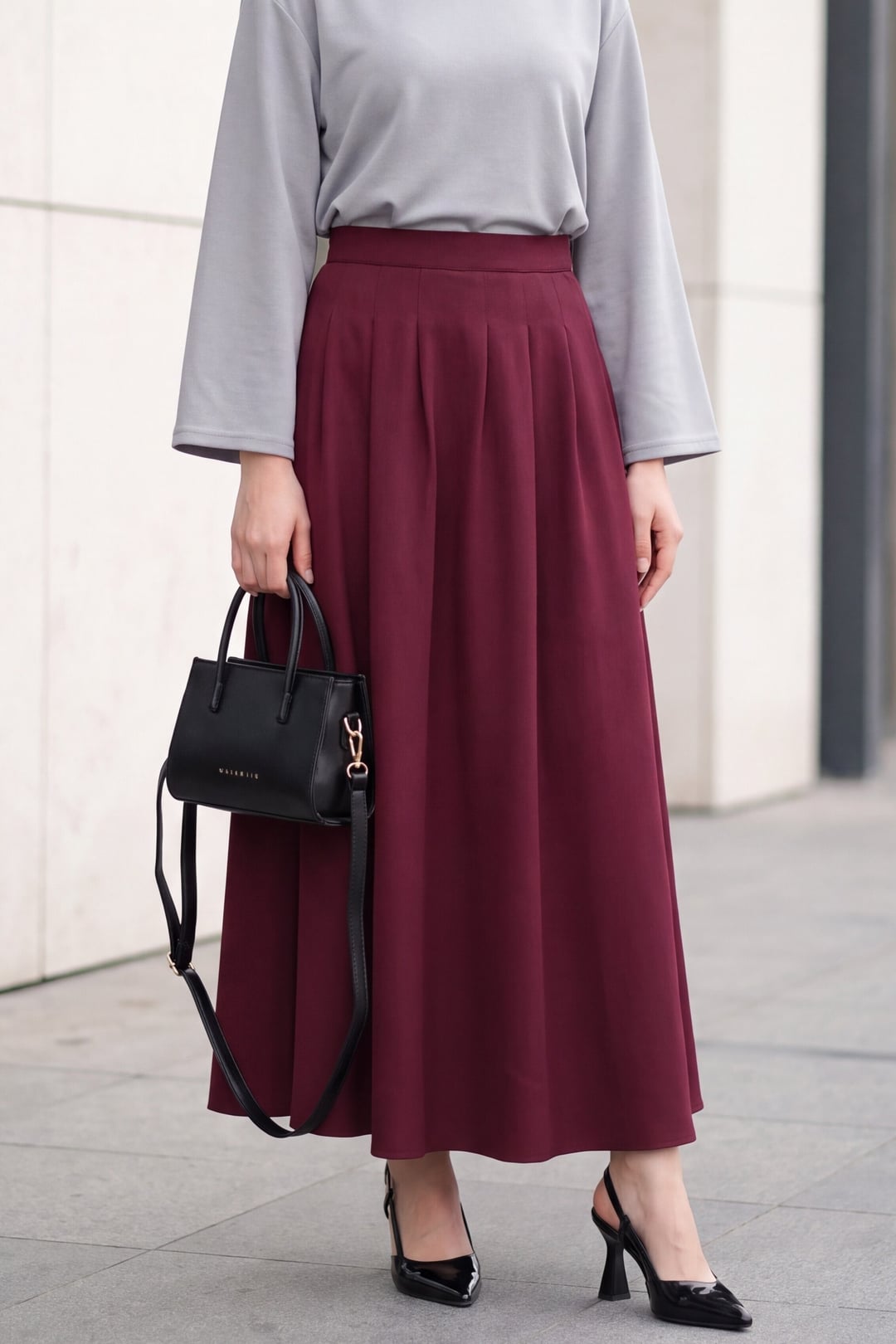 Zippered Pleated Crepe Skirt with Pockets - Burgundy - Podyumplus - by Peralane